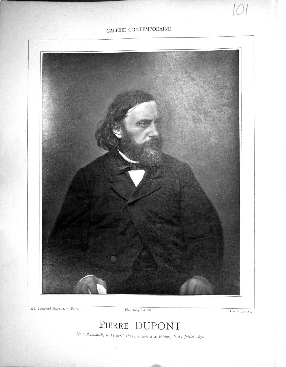 Antique Old Print Galerie Contemporaine 1878 Baschet Pierre Dupont Autograph