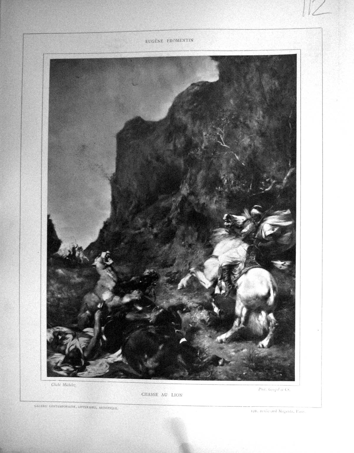 Old Print Galerie Contemporaine 1877 Baschet Eugene Fromentin Chasse Lion 19th