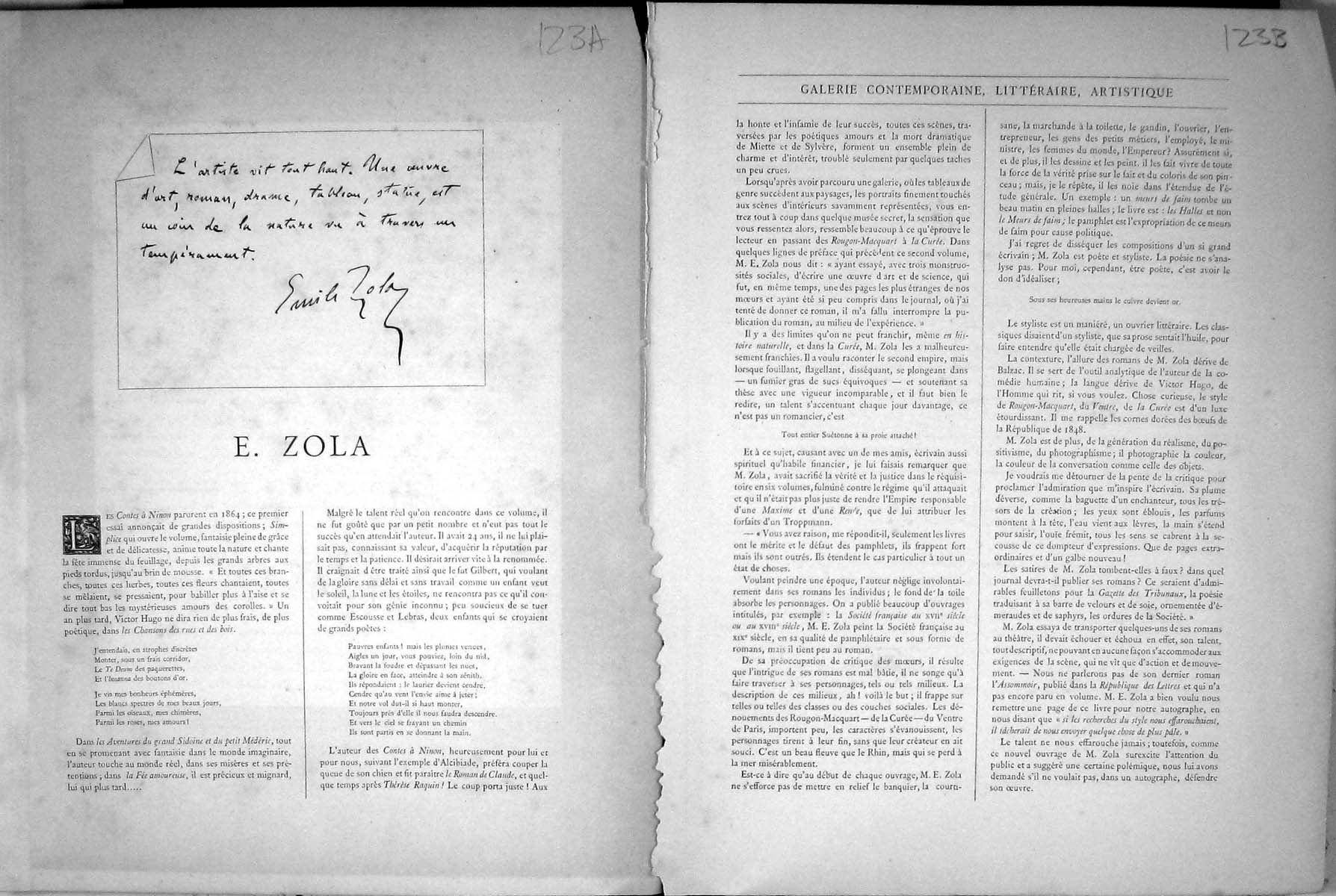 Antique Old Print Galerie Contemporaine 1877 Baschet Zola Autograph Vendryes