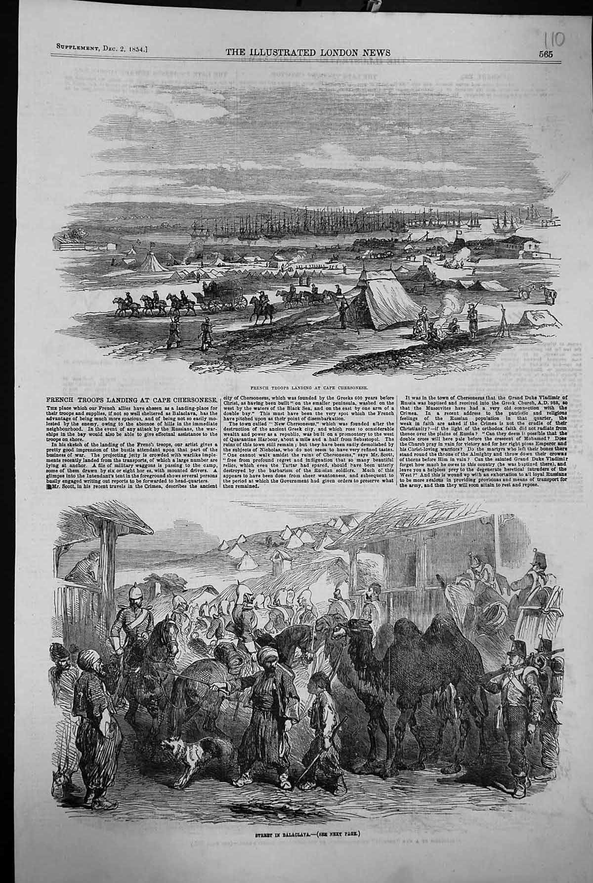 Old Print 1854 French War Troops Cape Chersonese Siers Street Scene Bala 19th