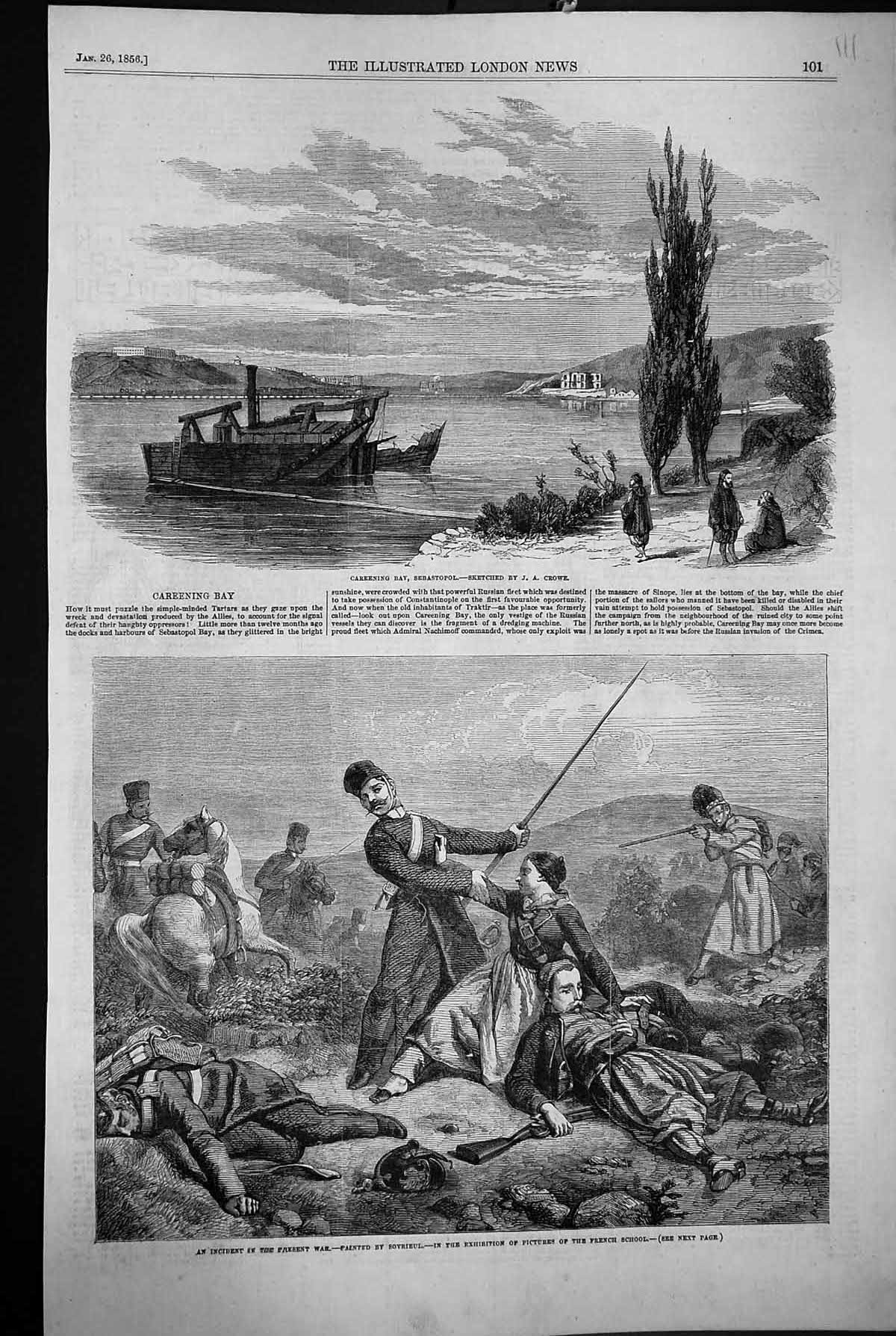 Original Old Antique Print 1856 War Siers Careening Bay Sebastopol Boat Crowe