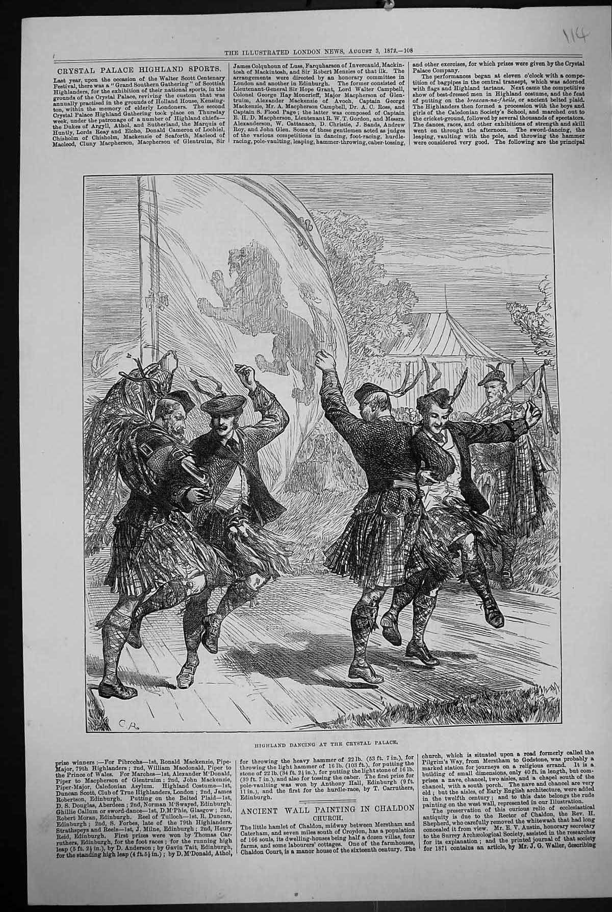 Antique Print 1872 Highland Dancing Crystal Palace Kilts Bagpipes Scotland 19th