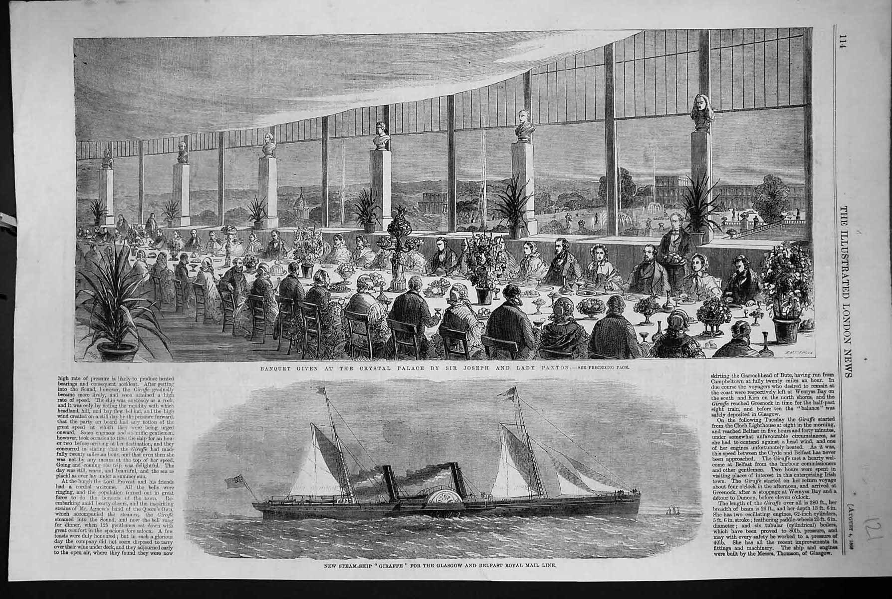 Old 1860 Banquet Crystal Palace Joseph Lady Paxton Steam Ship Giraffe Victorian