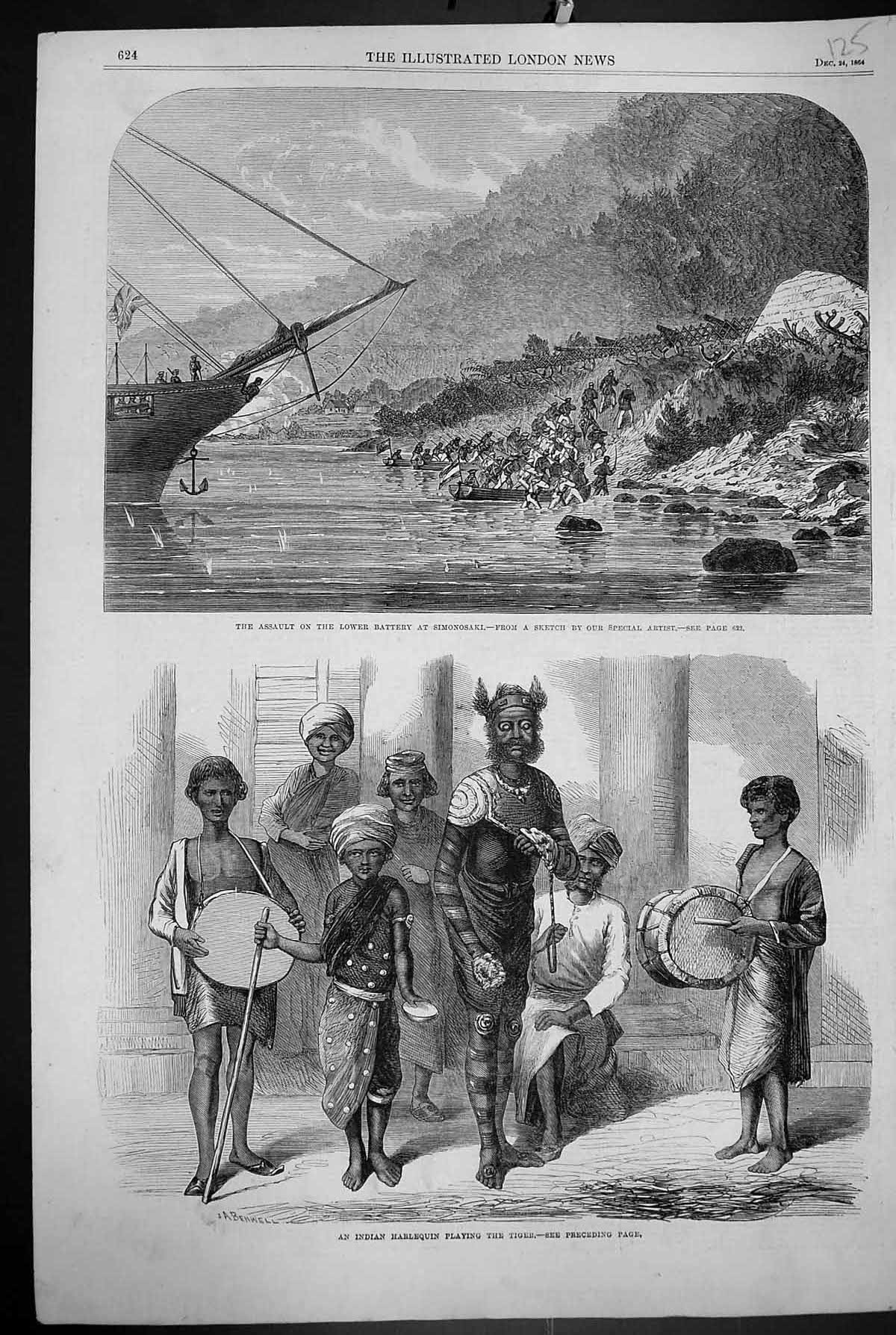Old 1864 War Assault Battery Simonosaki Indian Harlequin Playing Tige Victorian