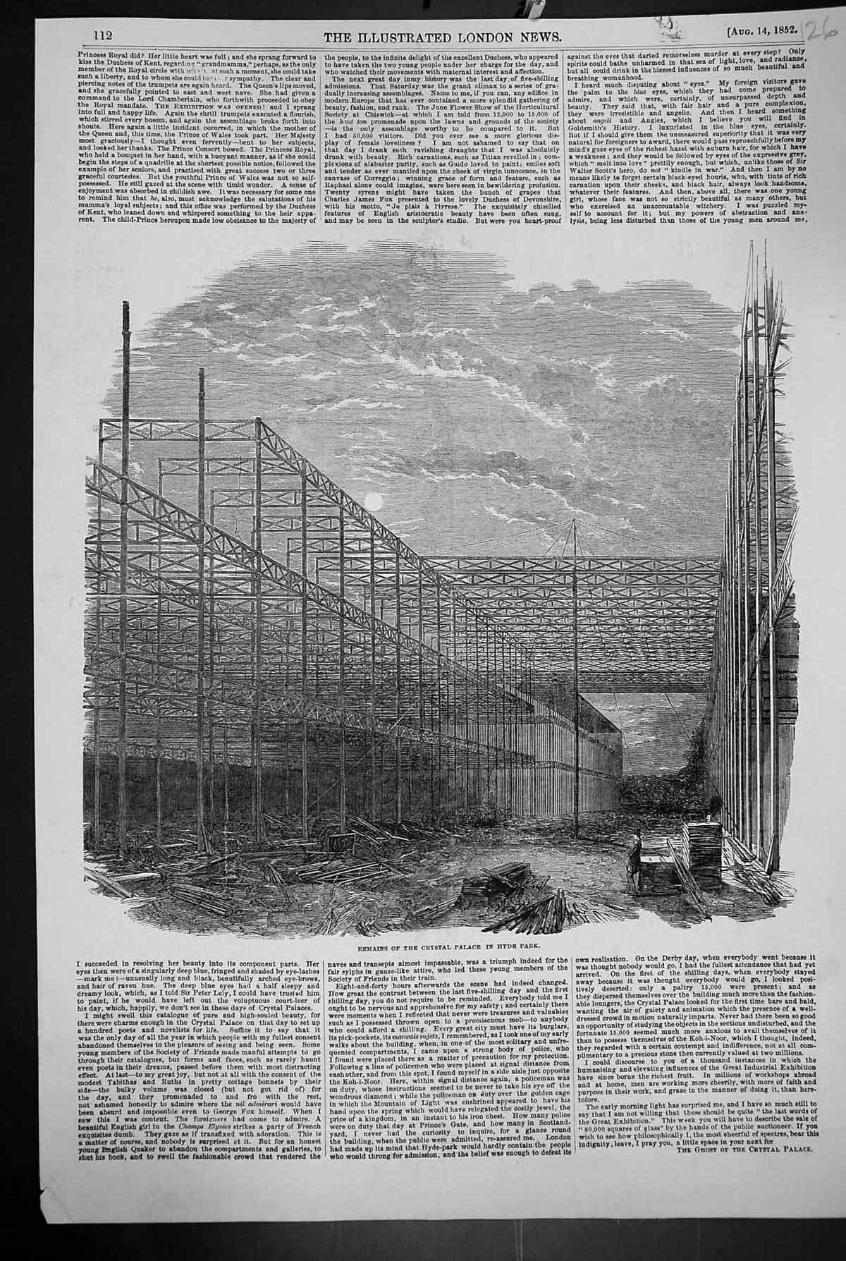 Original Old Antique Print 1852 Remains Fire Crystal Palace Hyde Park London