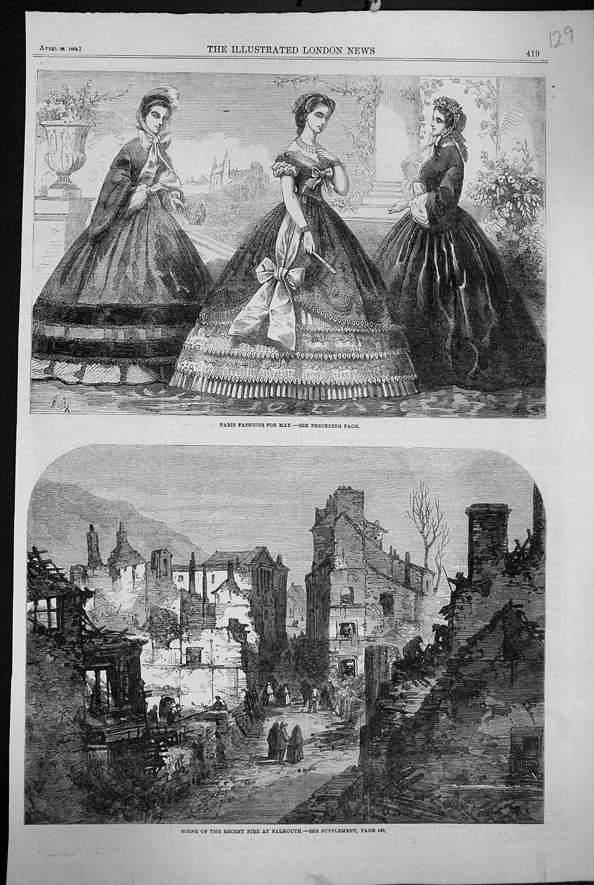 Antique Print 1862 Paris Ladies Fashion Scene Fire Falmouth Buildings Ruins