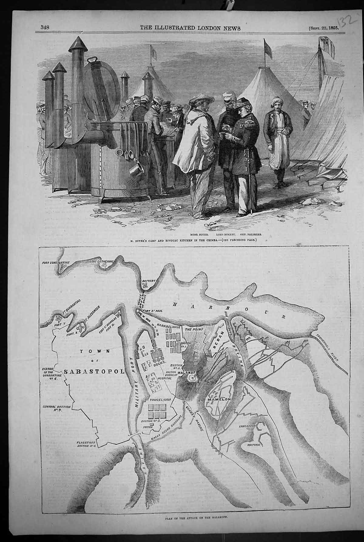 Old 1855 War Plan Attack Malakoff Soyer Camp Bivouac Kitchen Crimea P Victorian