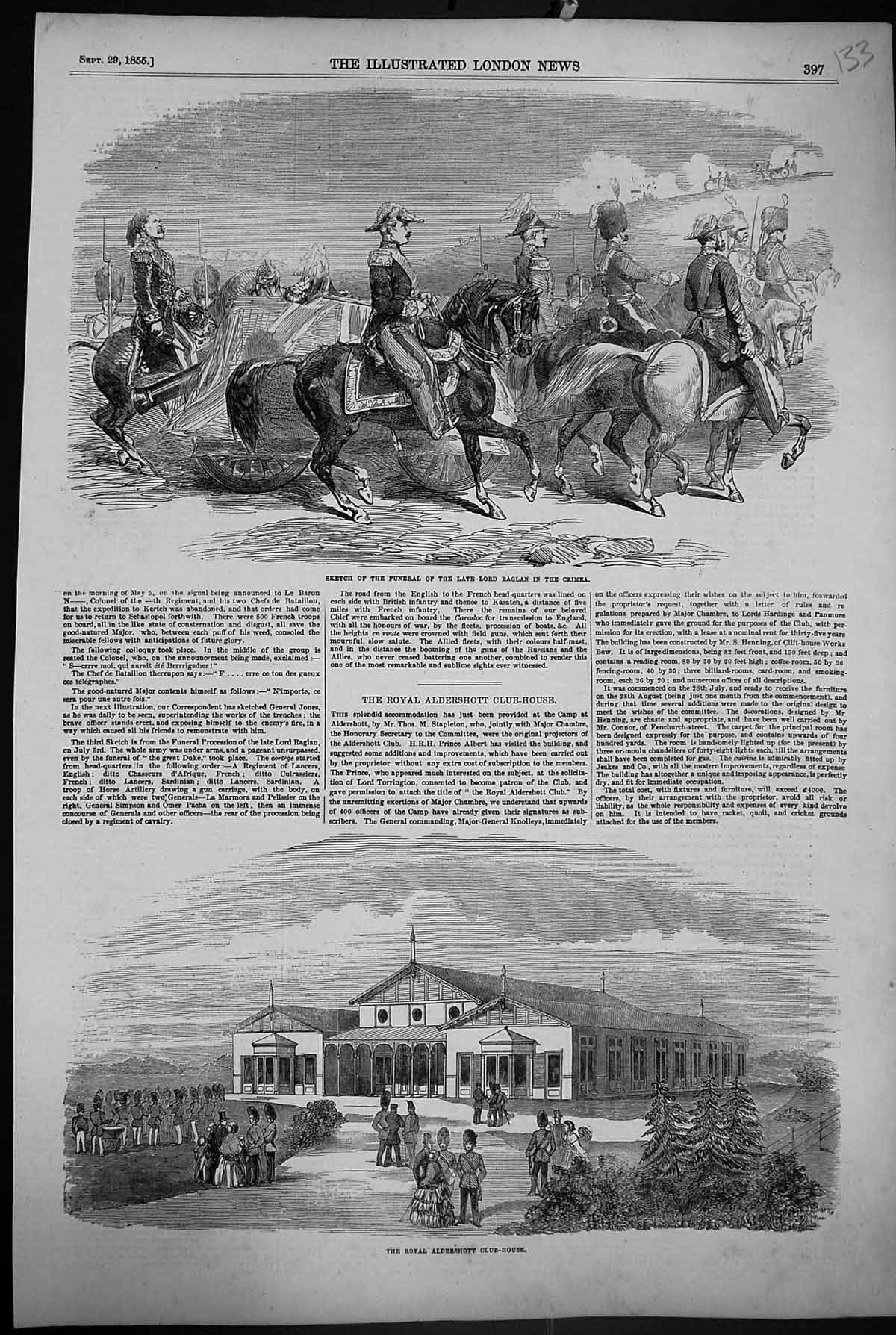 Antique Print 1855 Royal Aldershott Club House Funeral Lord Ragland Crimea S