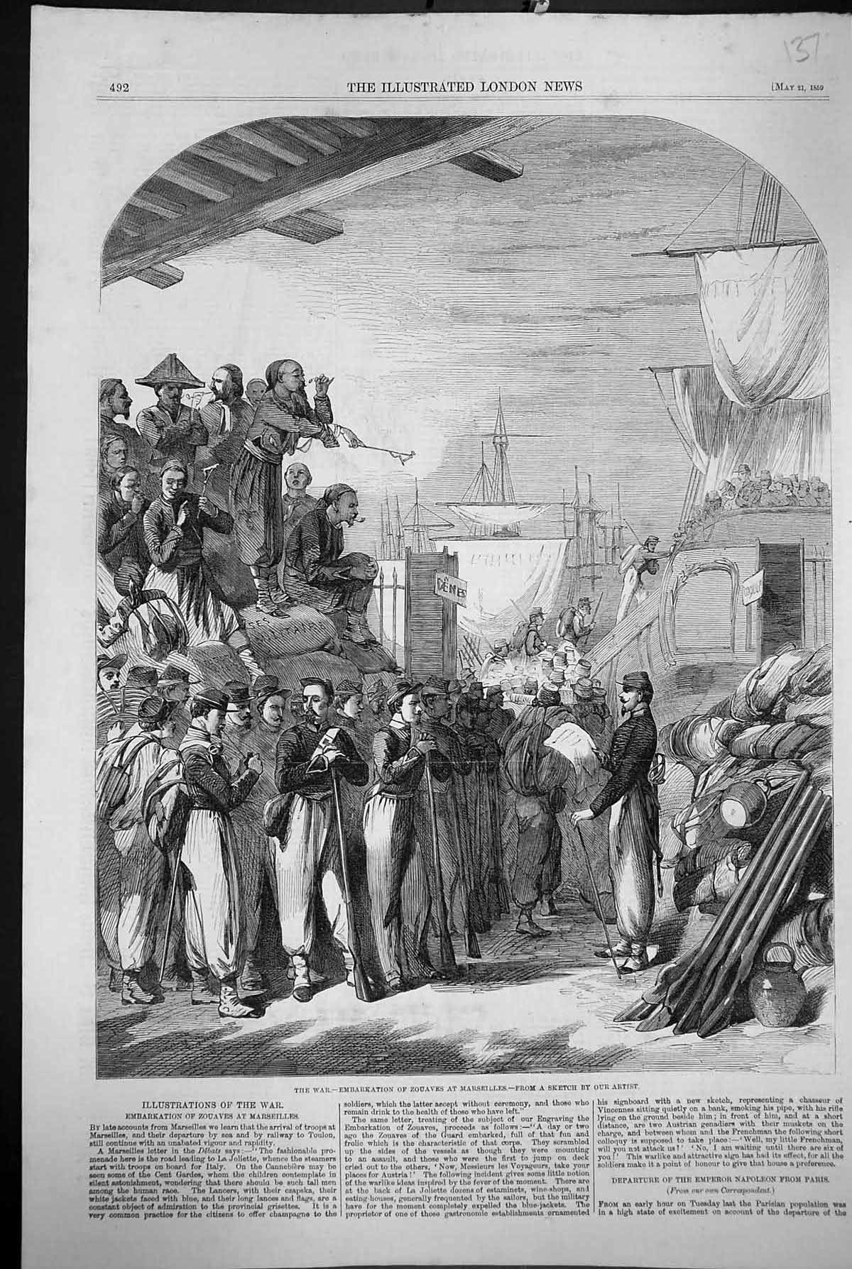 Old Print 1859 War Embarkation Zouaves Marseilles Siers Ships Weapons Ol 19th