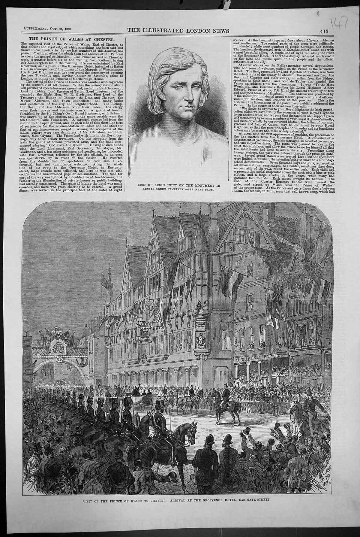 Old 1869 Bust Leigh Hunt Kensal-Green Cemetery Prince Wales Chester G Victorian