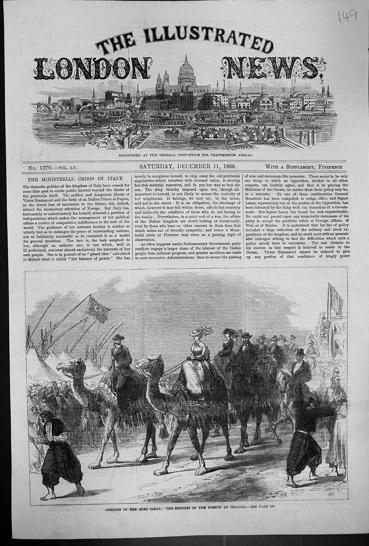 Antique Print 1869 Opening Suez Canal Empress French Ismailla Camels Horses