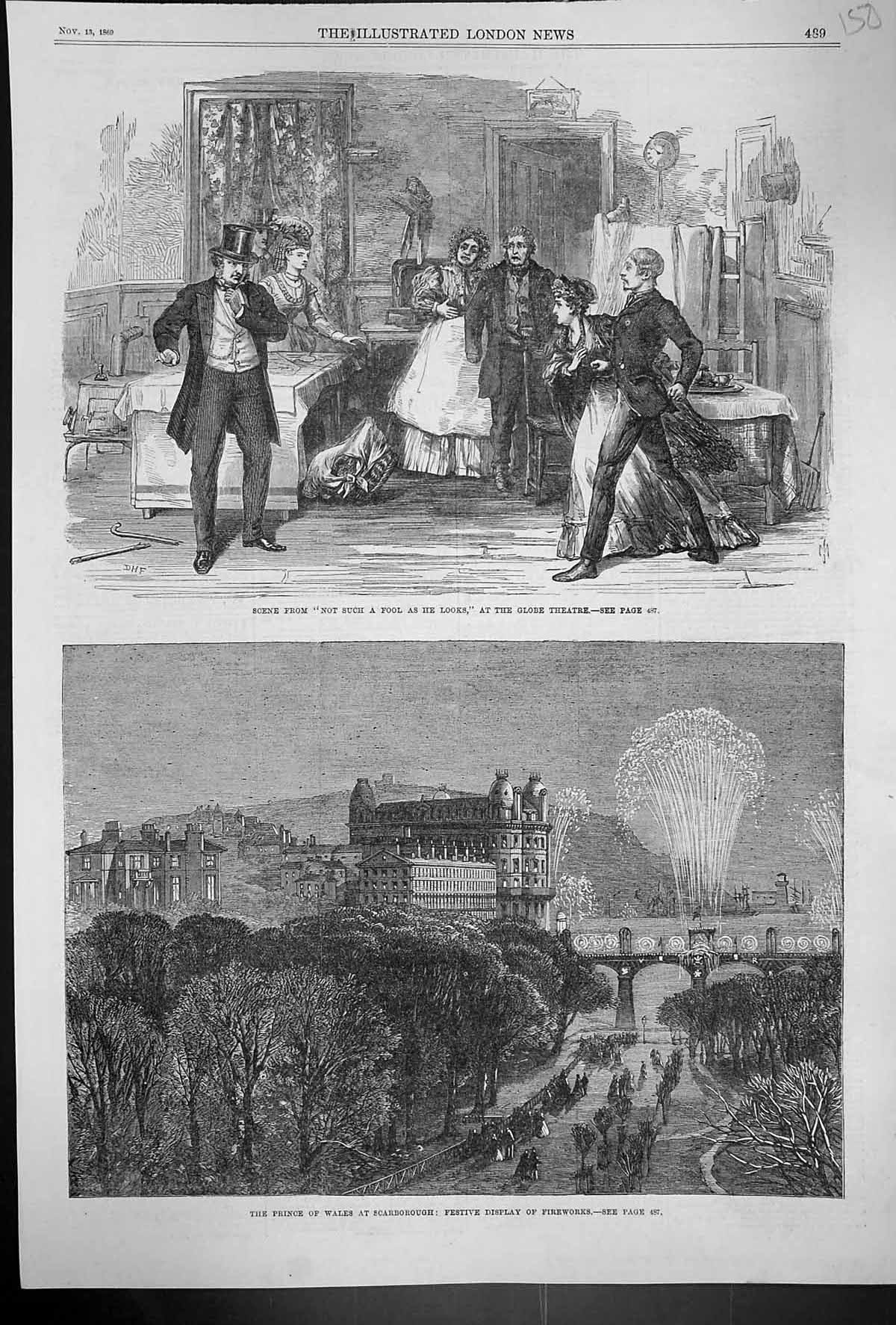 Old 1869 Prince Wales Scarborough Fireworks Globe Theatre Scene Fool Victorian