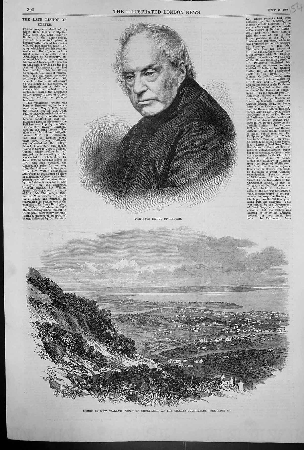 Antique Print 1869 Bishop Exeter New Zealand View Town Shortland Thames GFi