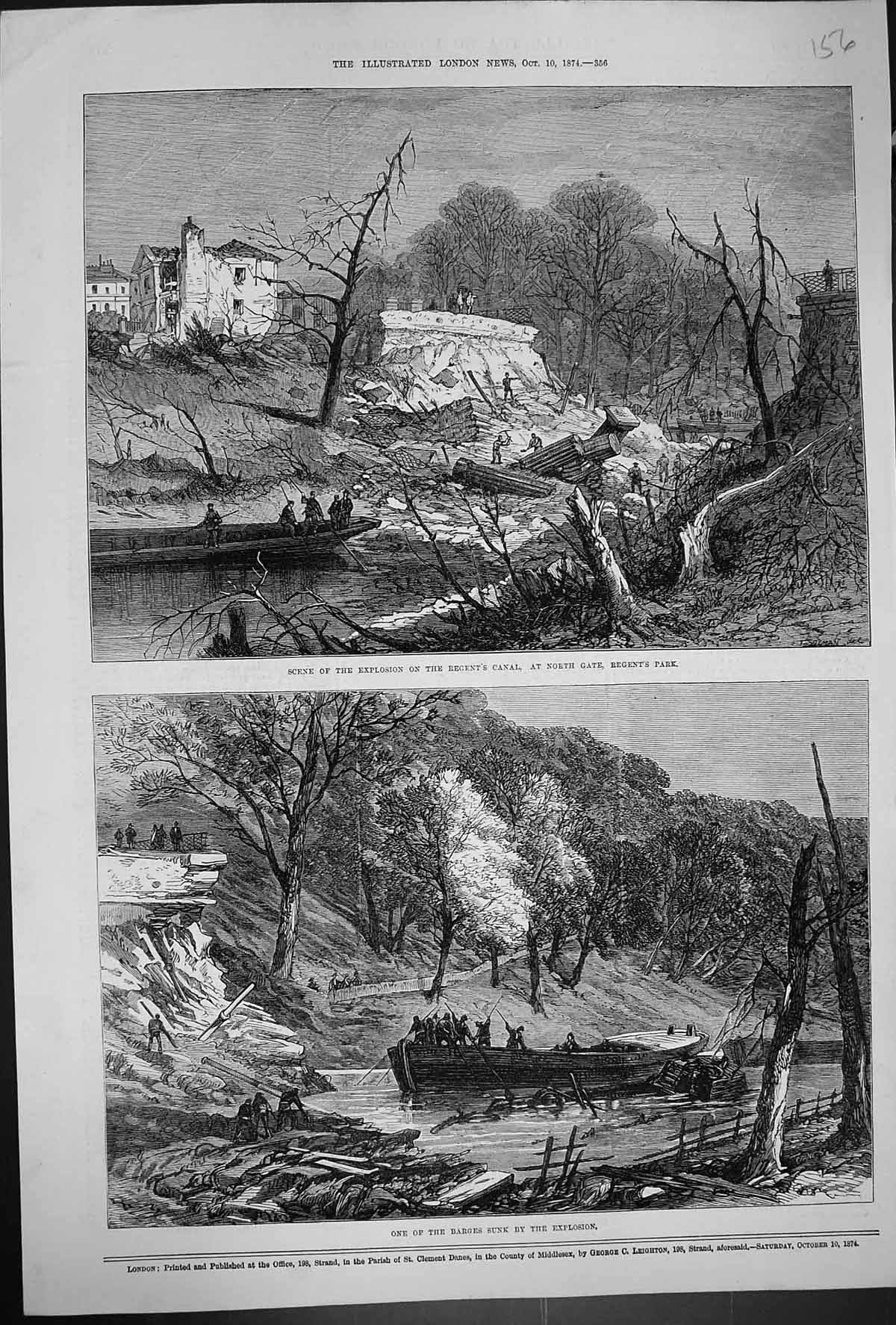 Old 1874 Scene Explosion Regent'S Canal North Gate Barges Sunk North Victorian