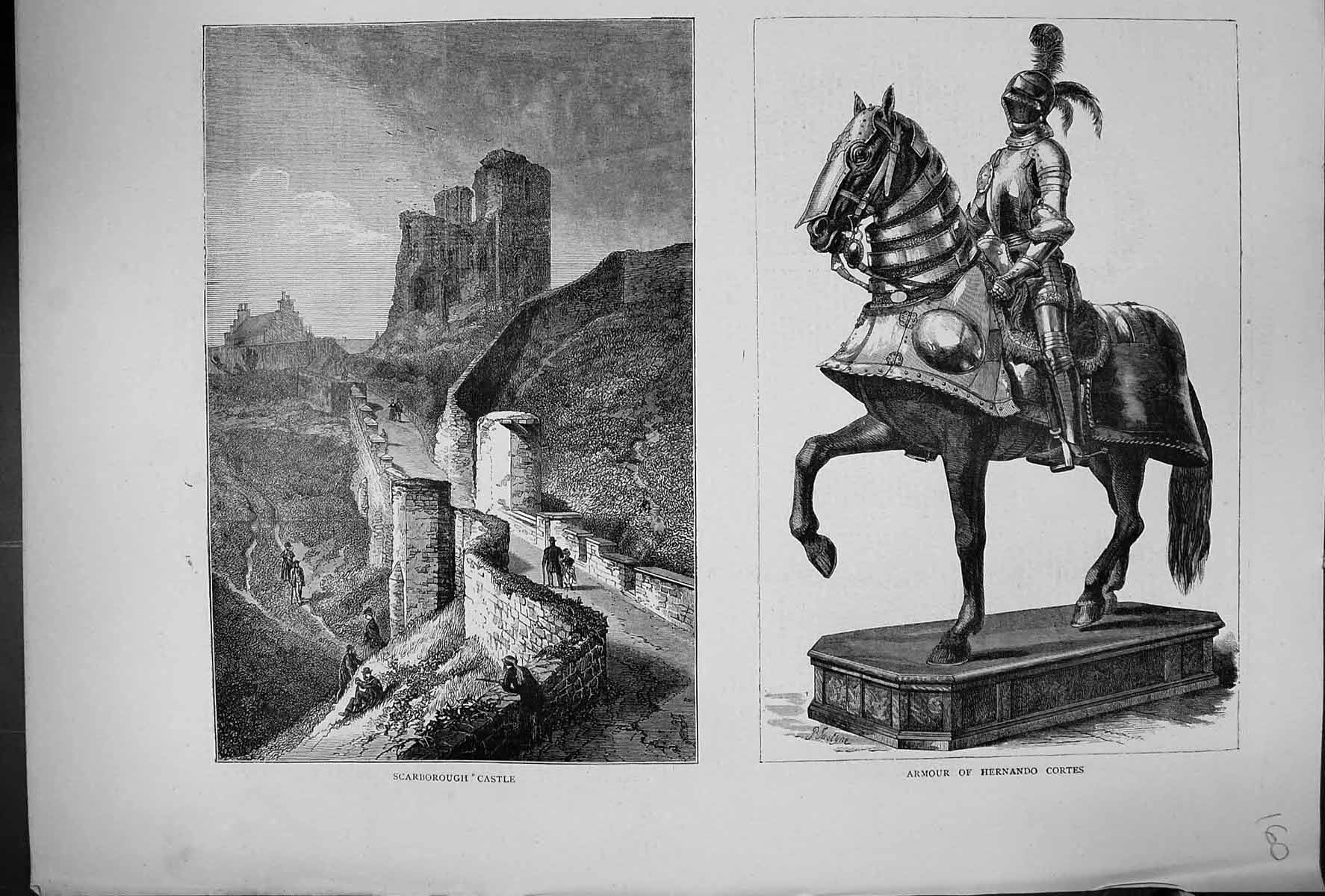 Old 1872 Scarborough Castle Architecture Armour Hernando Cortes Sculp Victorian