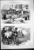 Old Print 1873 Spain Market Place San Miguel Railway Station Estremadura 19th