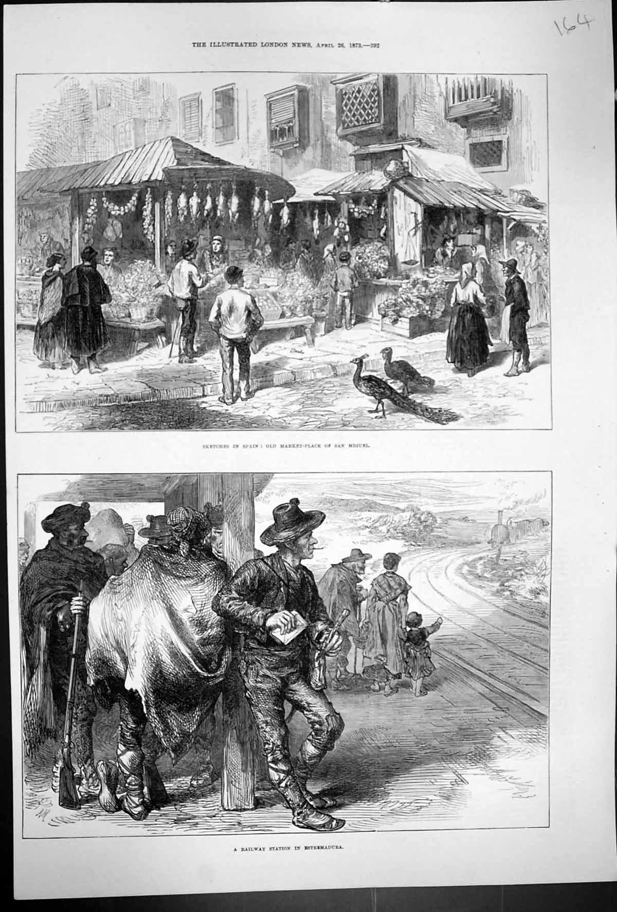Old Print 1873 Spain Market Place San Miguel Railway Station Estremadura 19th