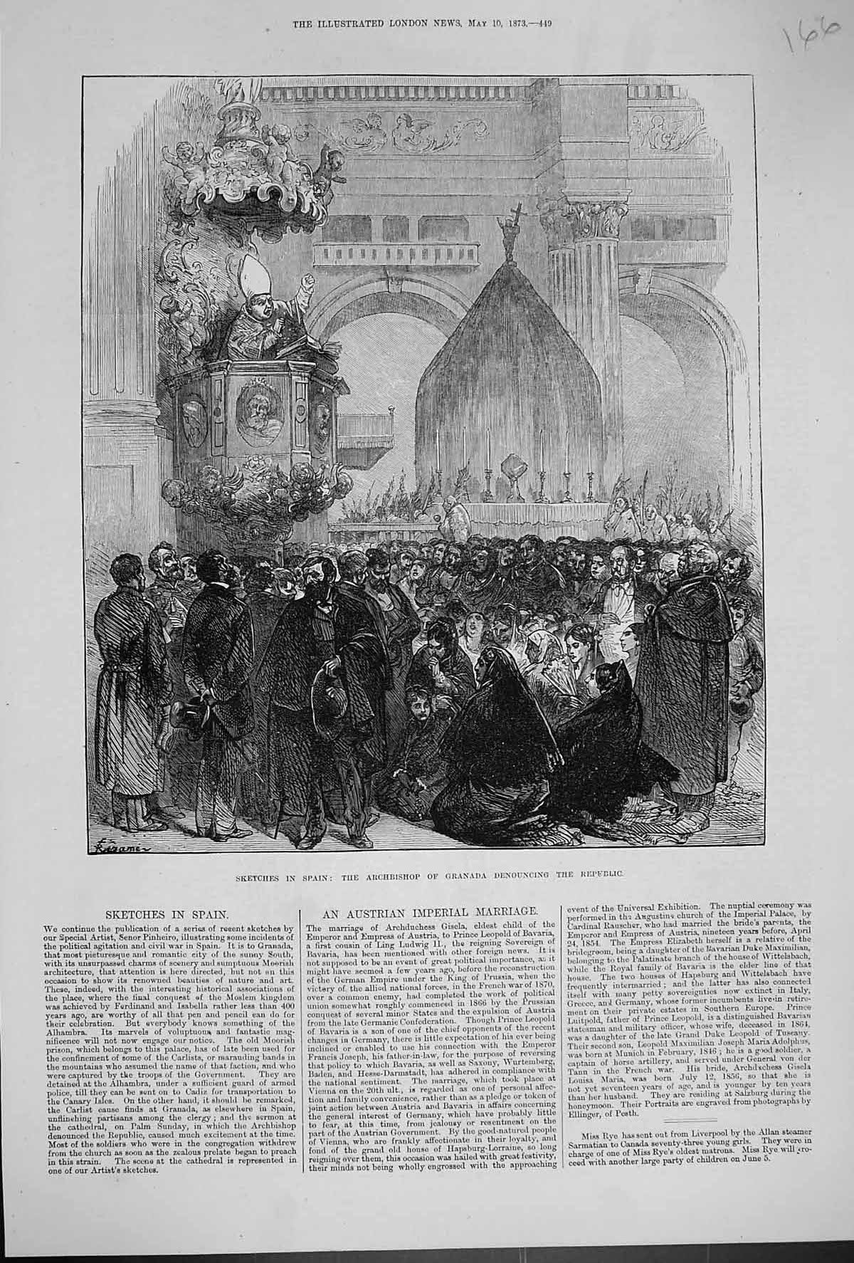Old 1873 Sketch Spain Archbishop Granada Denouncing Republic Civil Wa Victorian