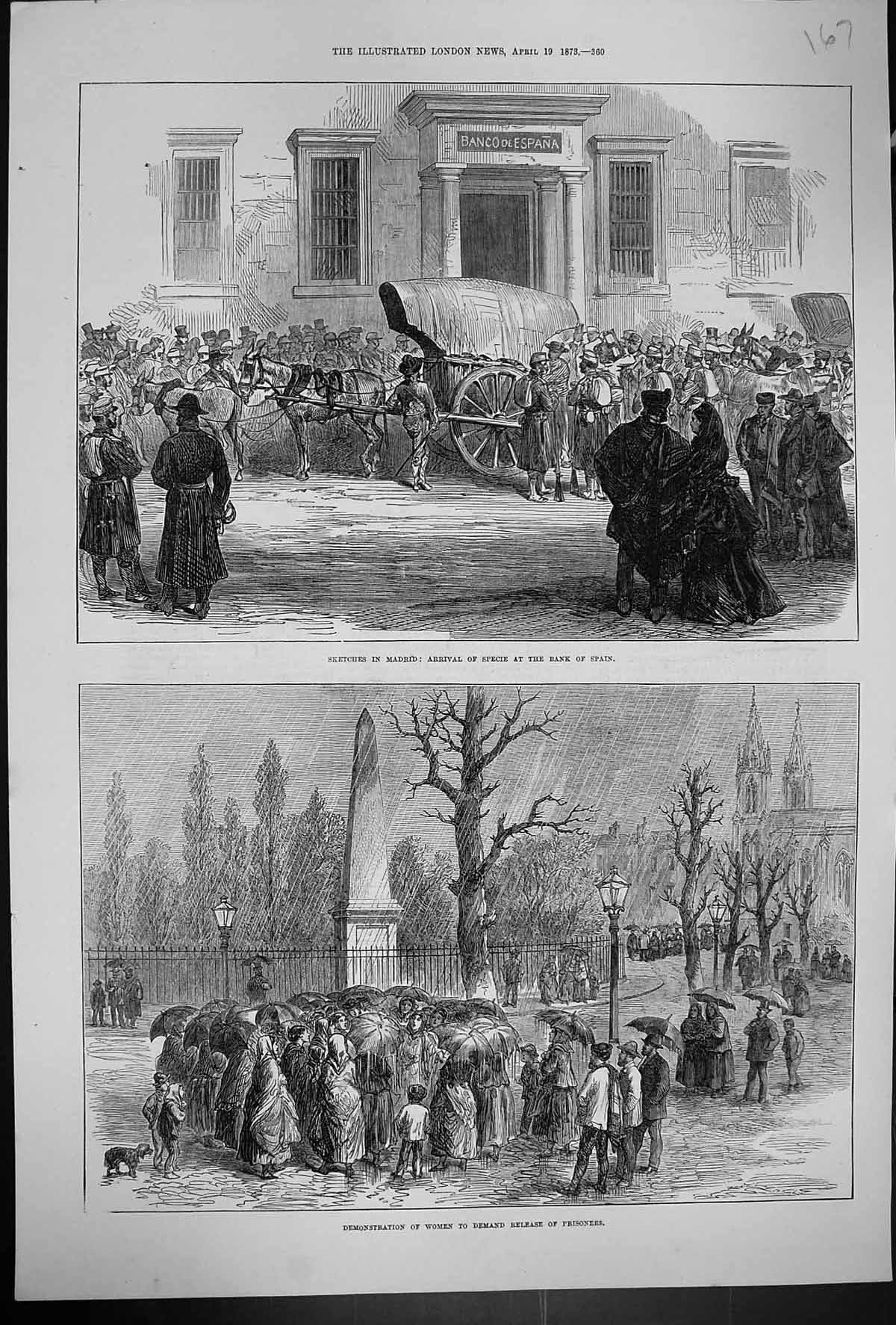 Old 1873 Madrid Spain Arrival Specie Bank Demonstration Women Release Victorian
