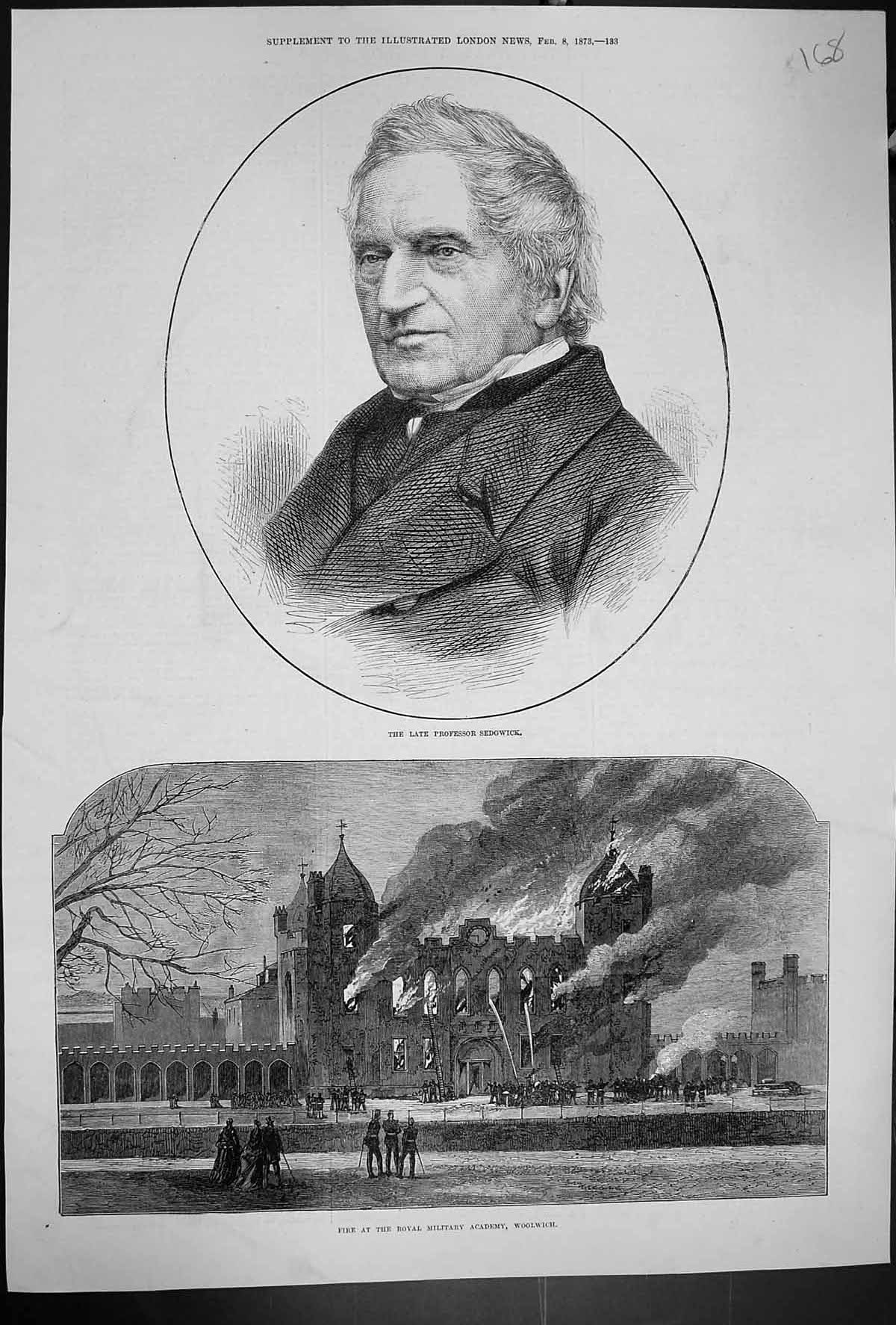 Antique Print 1873 Fire Royal Military Academy Woolwich Professor Sedgwick 19th