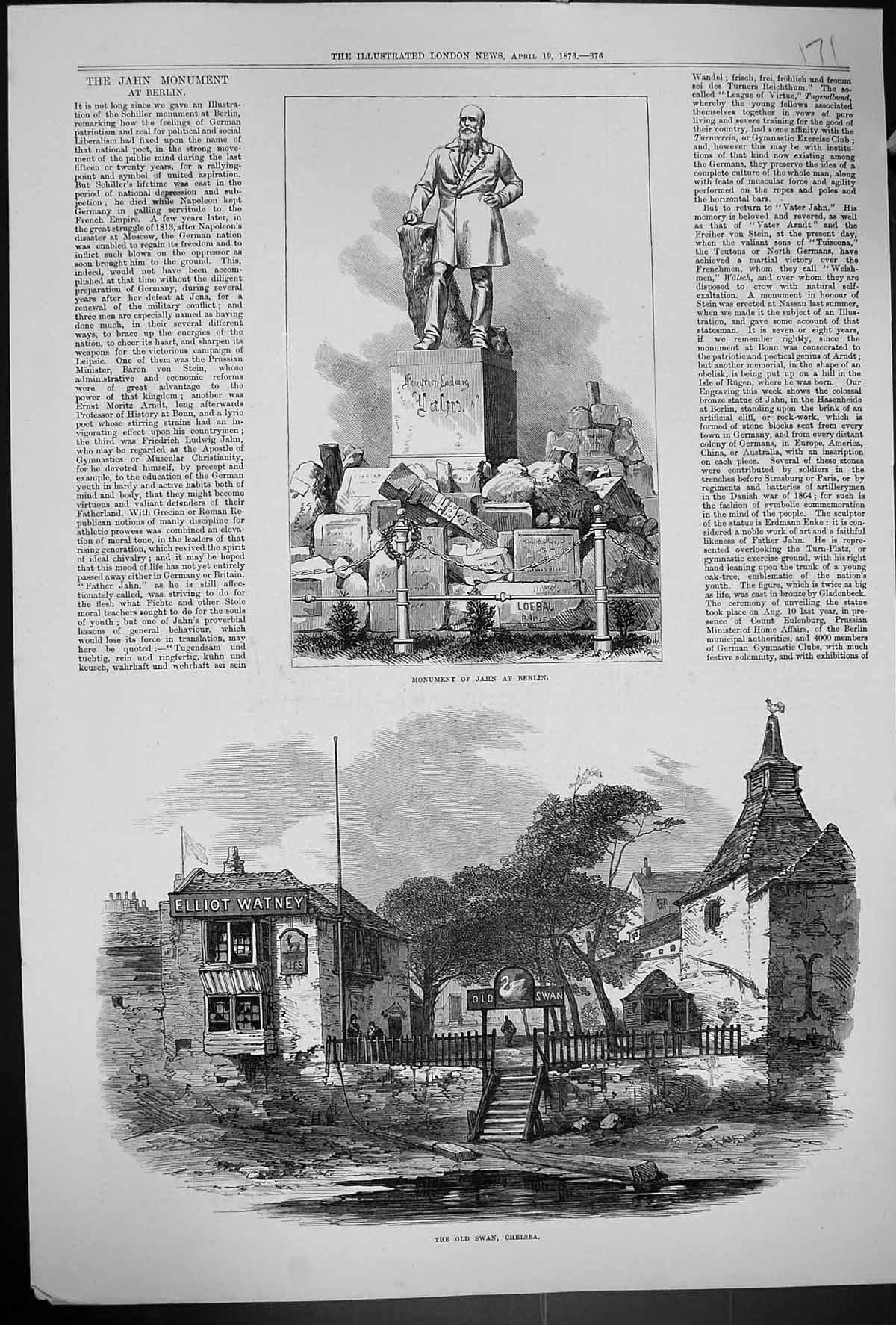 Antique Print 1873 Monument Jahn Berlin Swan Chelsea Public House Elliot Wa