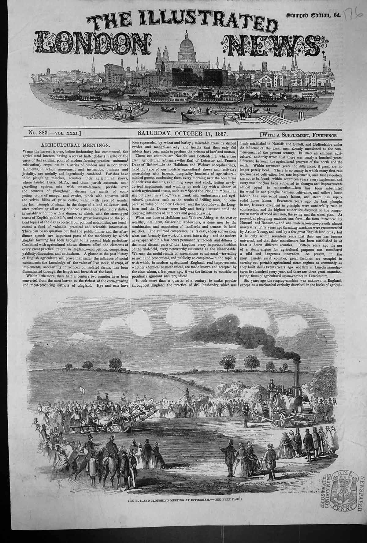 Original Old Antique Print 1857 Rutland Ploughing Meeting Uppingham Agriculture