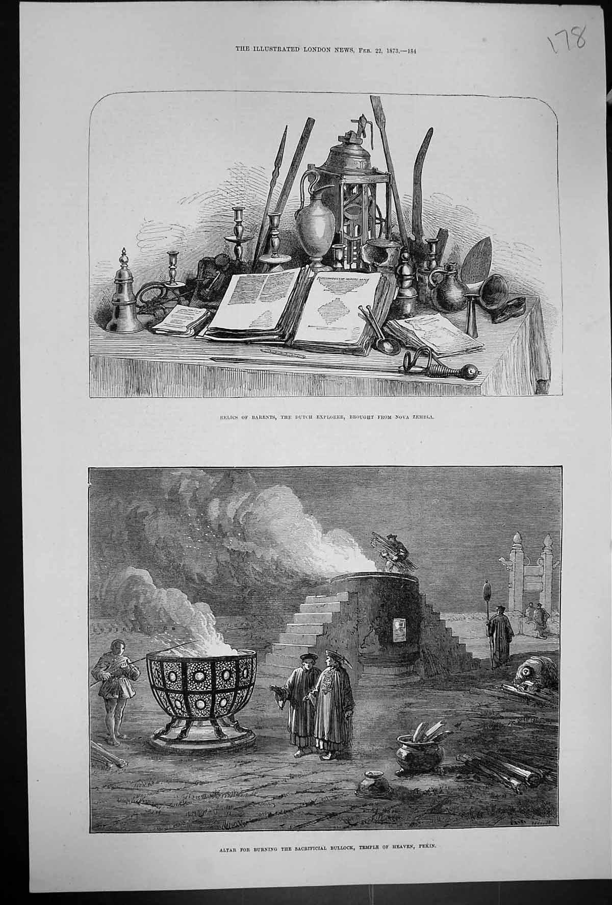 Old 1873 Relics Barents Dutch Explorer Nova Zembla Altar Burning Bull Victorian