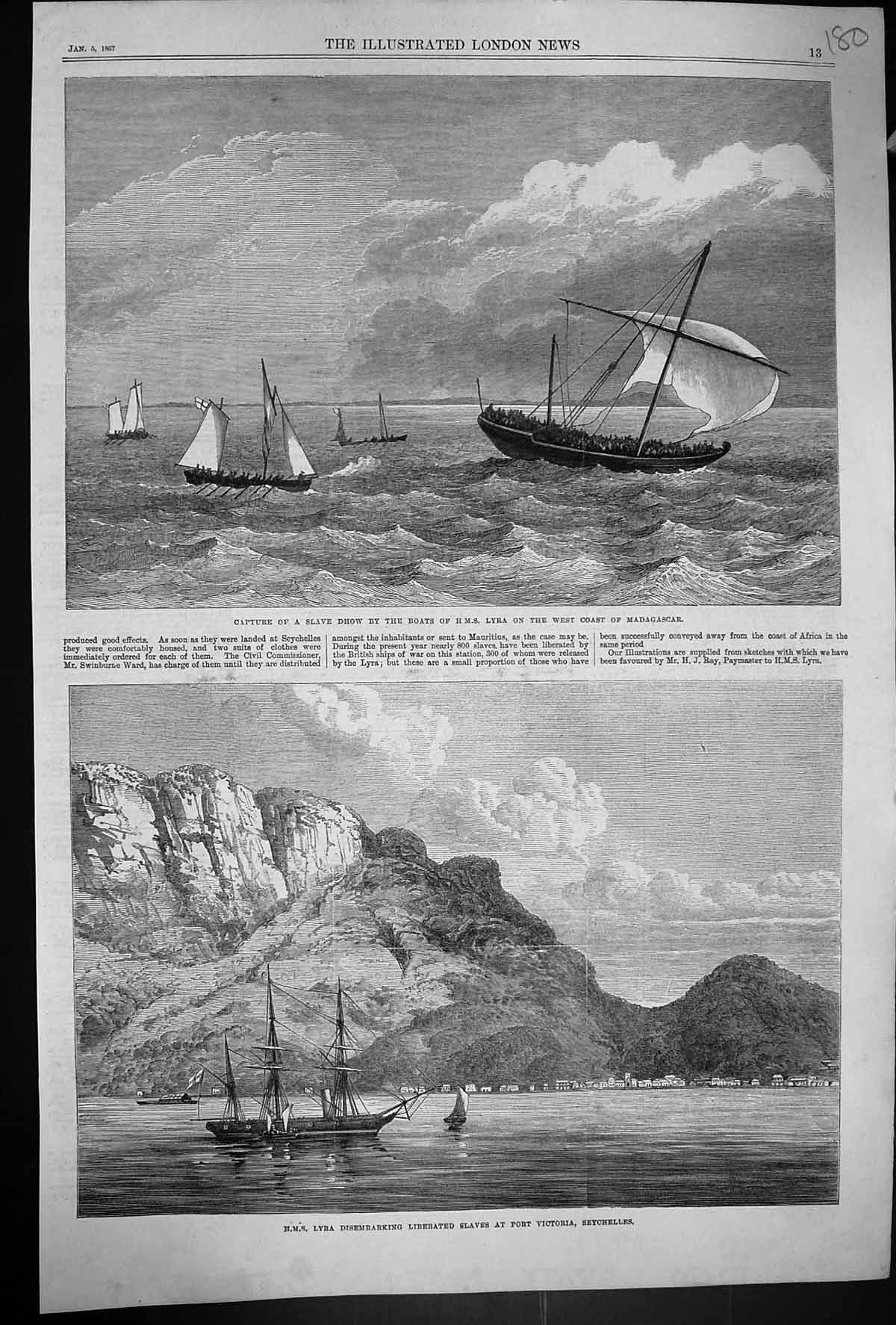 Old 1867 Capture Slave Dhow Ship Lyra Madagascar Port Victoria Seyche Victorian