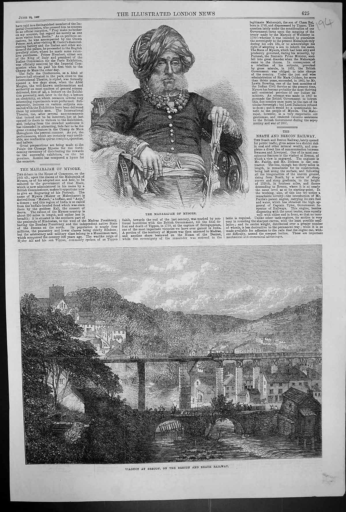 Antique Old Print 1867 Maharajah Mysore Viaduct Brecon Neath Railway Train 19th
