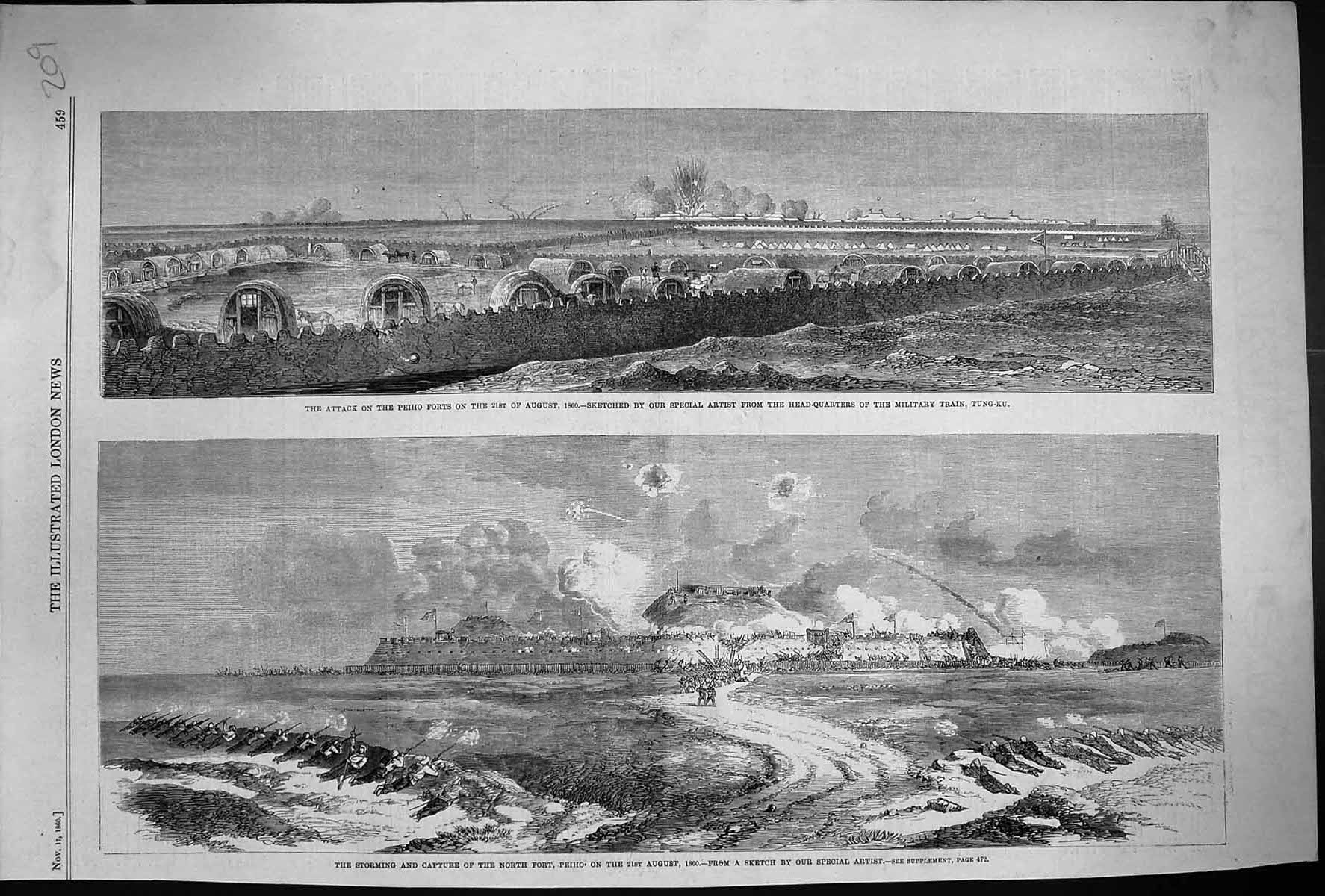 Old Print 1860 Attack Peiho Forts War Storming Capture Siers Military Tr 19th