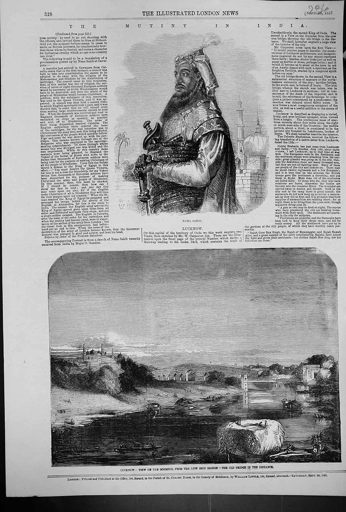 Antique Old Print Portrait Nana Sahib 1857 Lucknow Goomtee Iron Bridge Oude