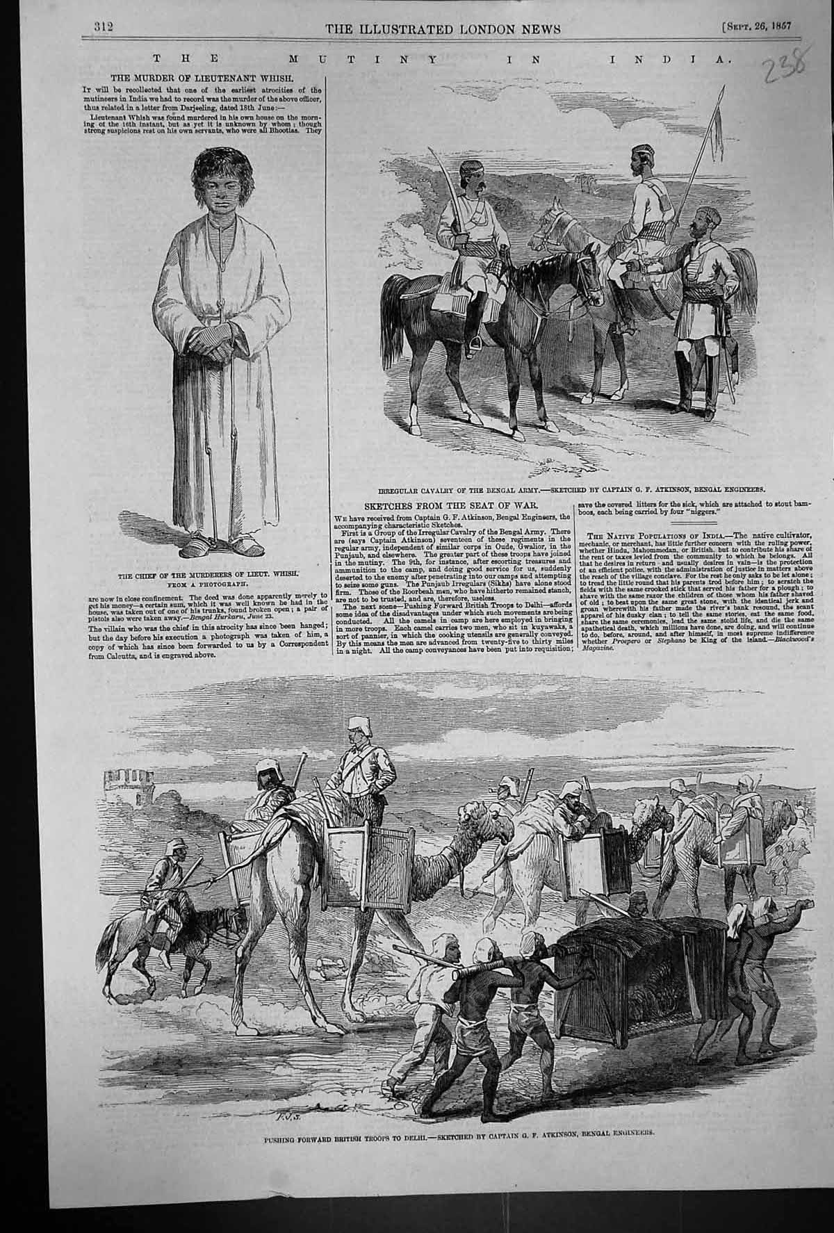 Old Print 1857 India Chief Murder Whish Bengal Army Siers Horses Delhi A 19th