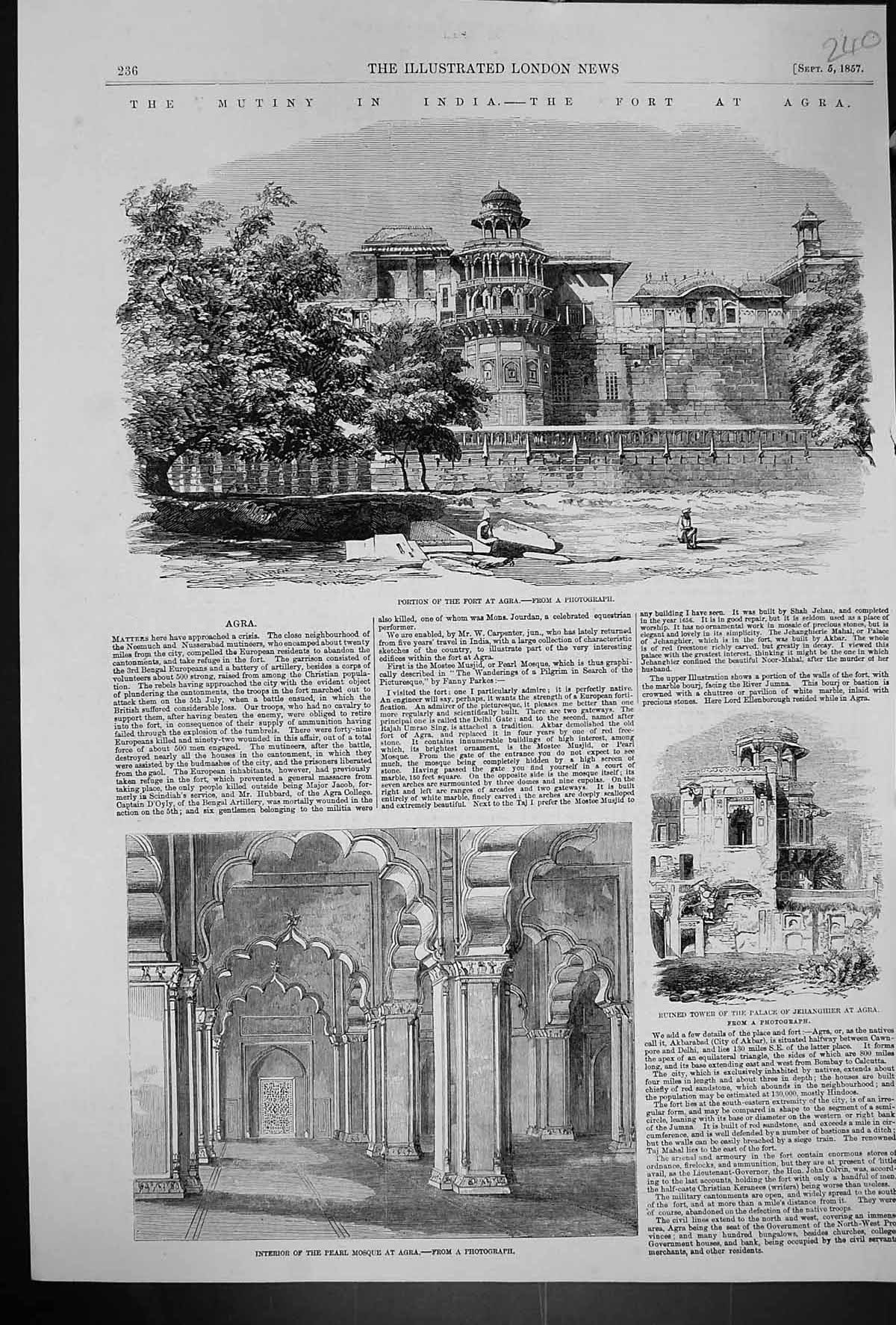 Old 1857 India Fort Agra Pearl Mosque Tower Palace Jehanghier Archite Victorian