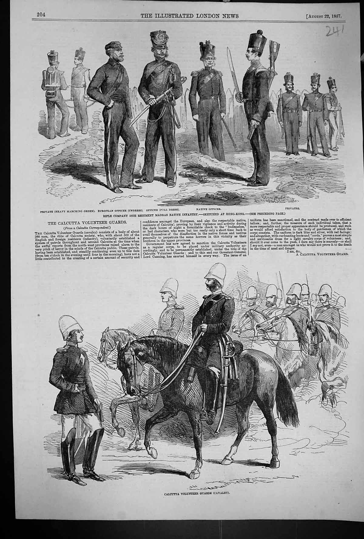 Old Print 1857 Calcutta Volunteer Guards Siers War Rifle Regiment Madras 19th