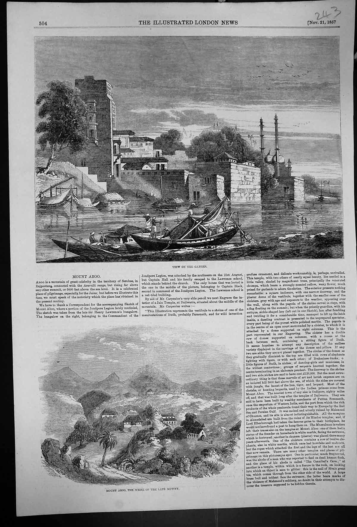 Old 1857 View River Ganges Mount Aboo Serohee Rajpootana Mountains In Victorian
