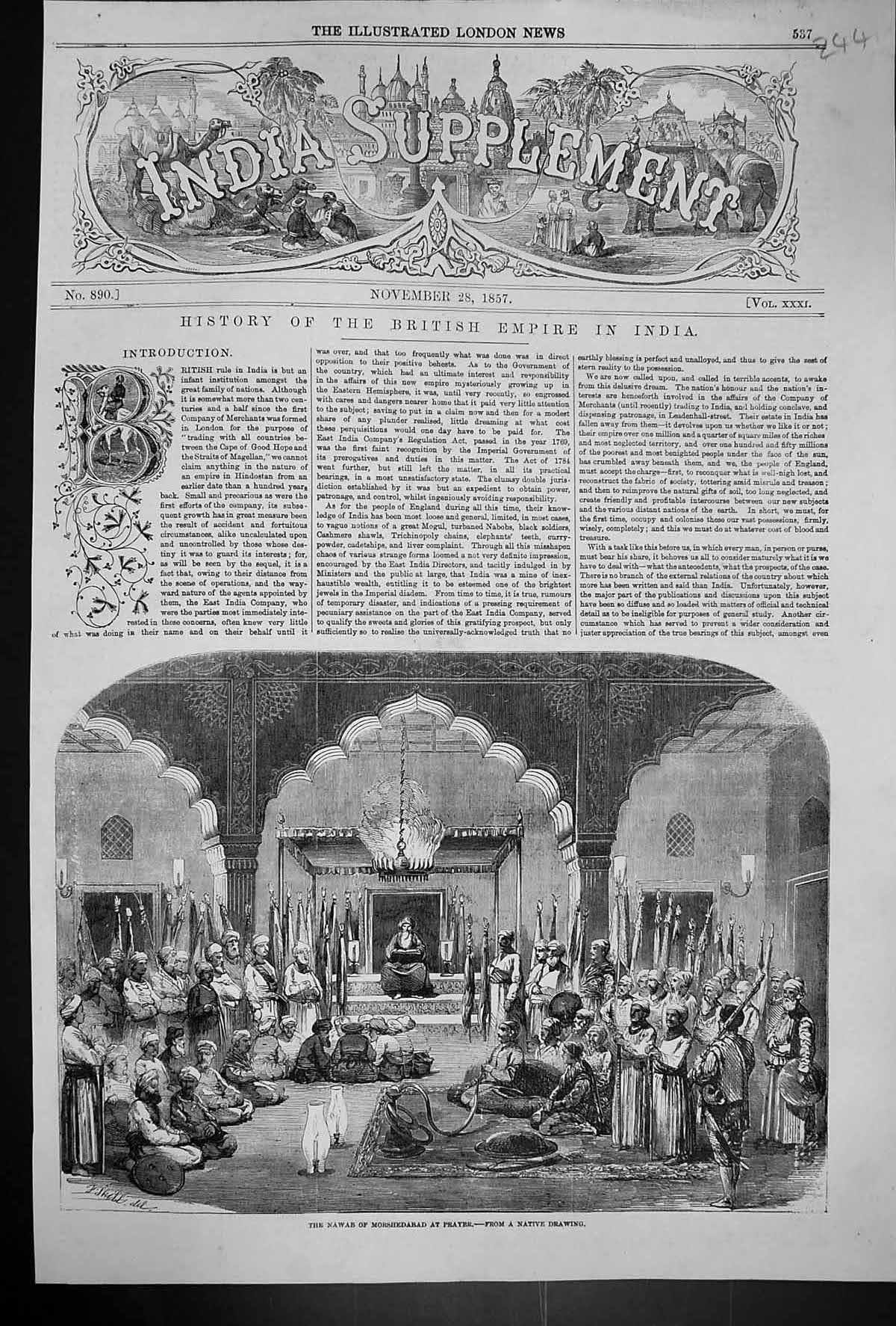 Original Old Antique Print 1857 Nawab Morshedabad Prayer India Native Drawing