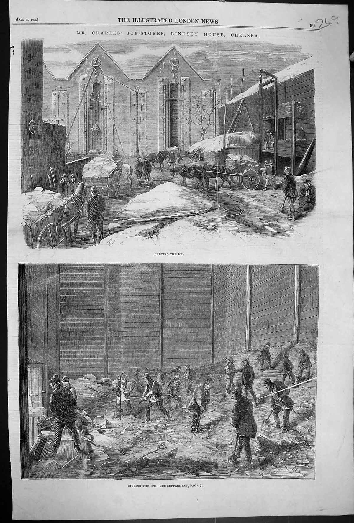 Old 1861 Charles Ice-Stores Lindsey House Chelsea Carting Storing Ice Victorian