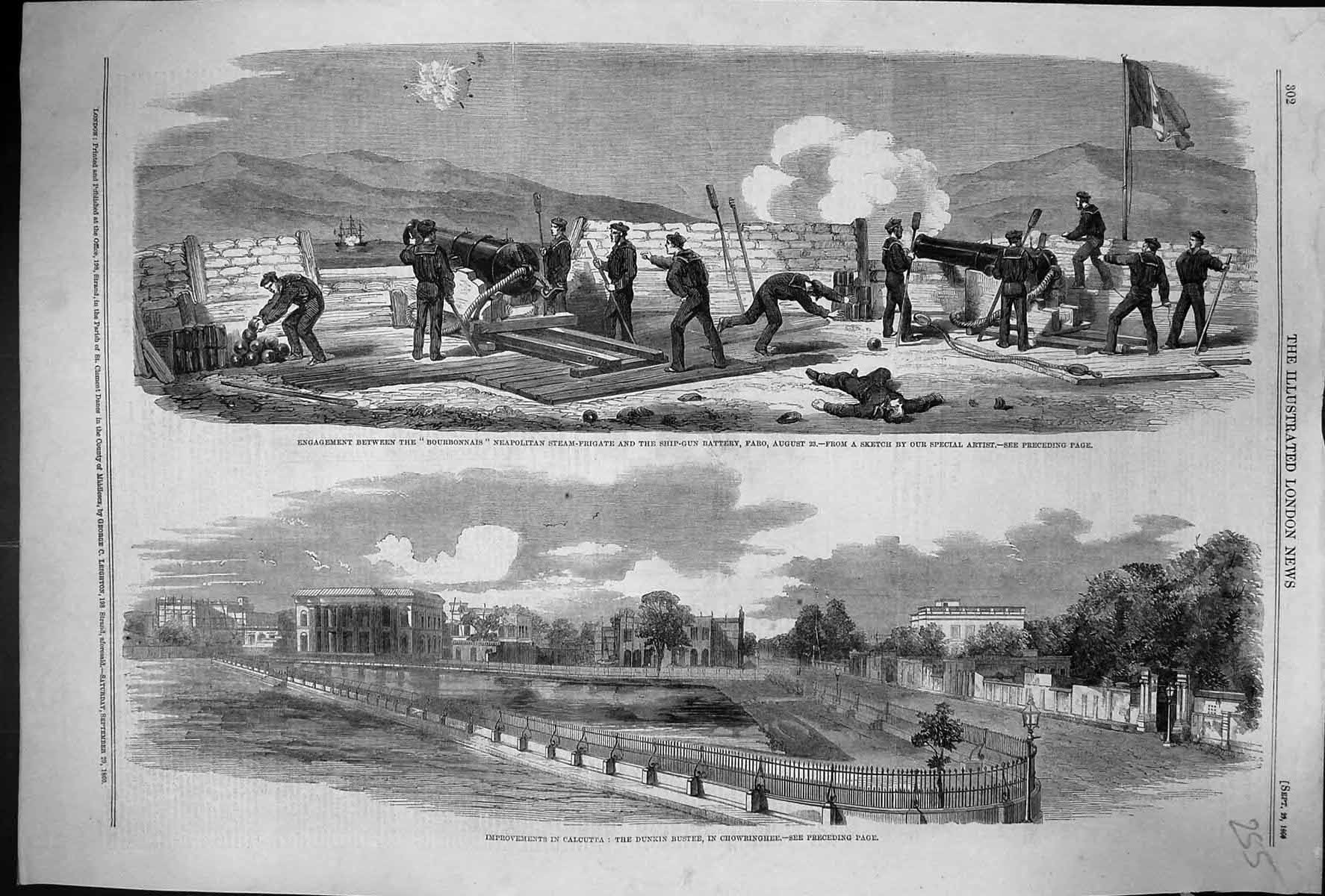 Old 1860 Bourbonnais Neapolitan Steam Frigate Ship Gun Battery Faro C Victorian