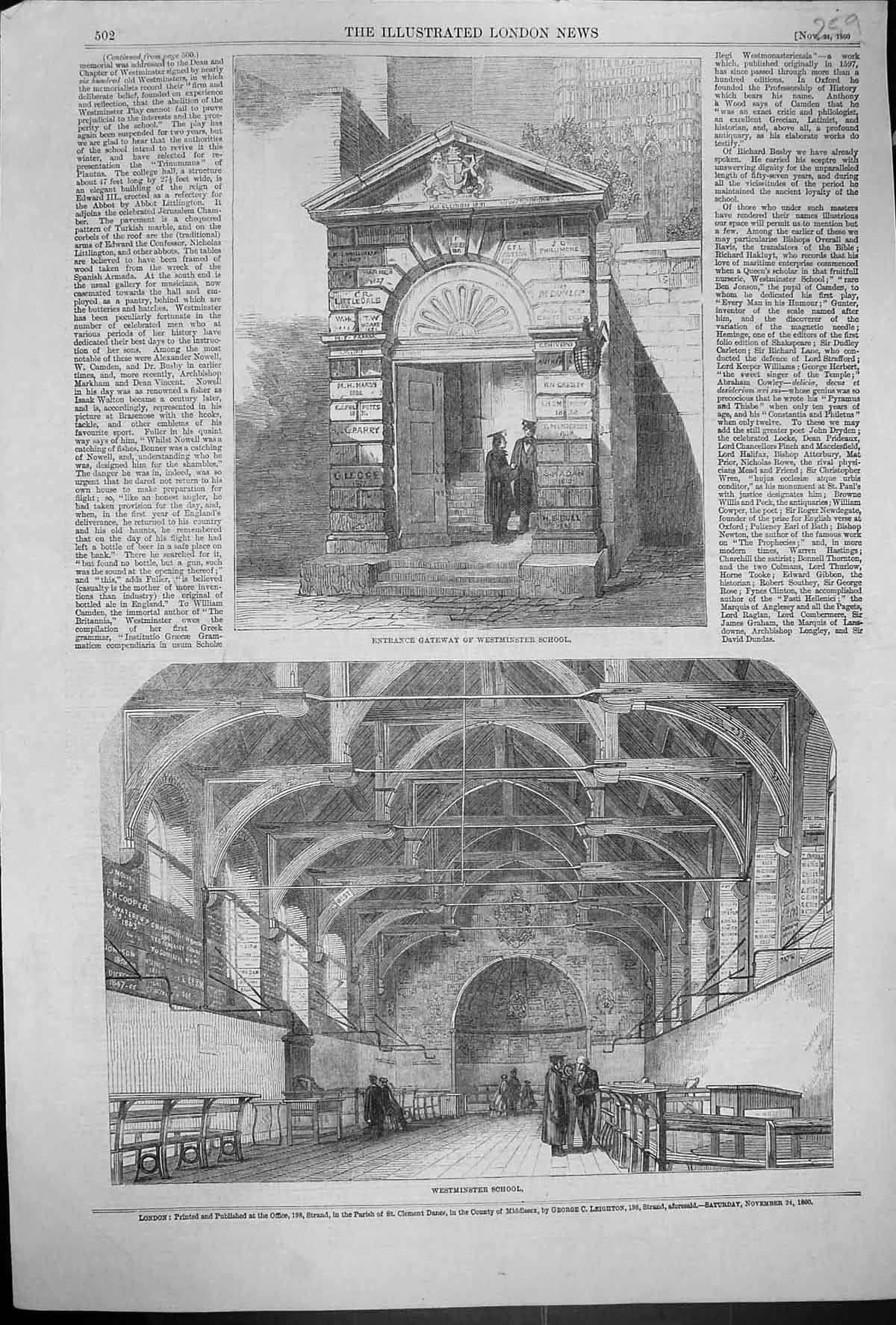 Old Print 1860 Entrance Gateway Westminster School Interior Architecture 19th