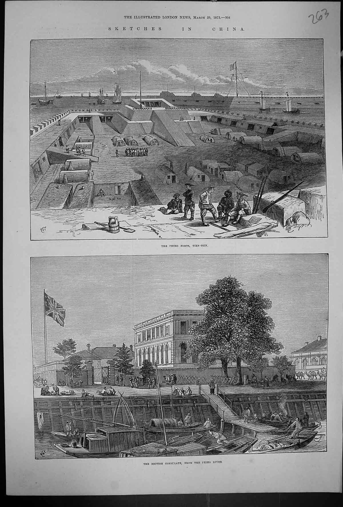 Old *6062 1873 China Peiho Forts Tien-Tsin British Consulate River Bo