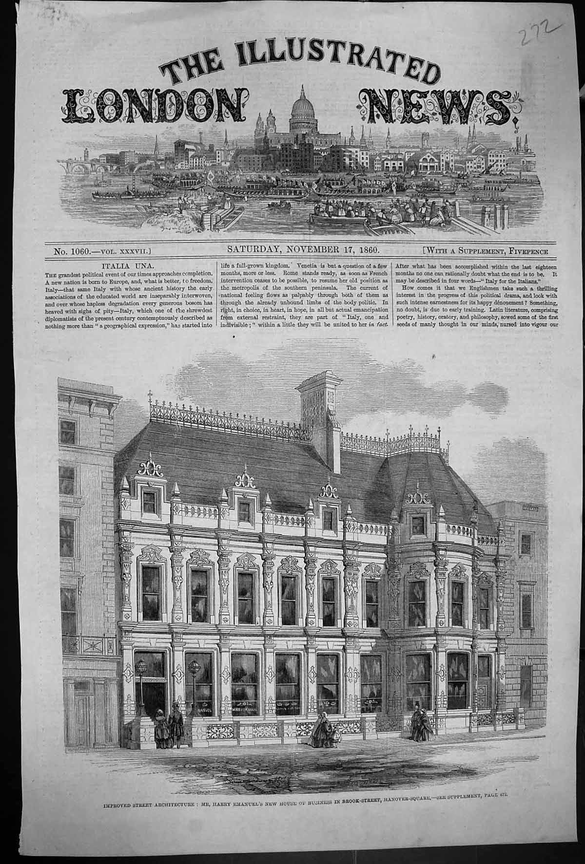 Old 1860 Harry Emanuel New House Business Brook Street Hanover Square Victorian