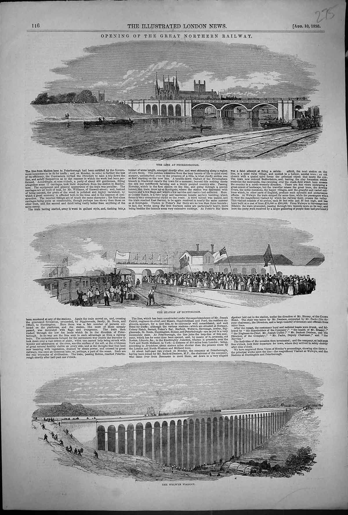 Old 1850 Opening Great Northern Railway Peterborough Huntingdon Welwy Victorian