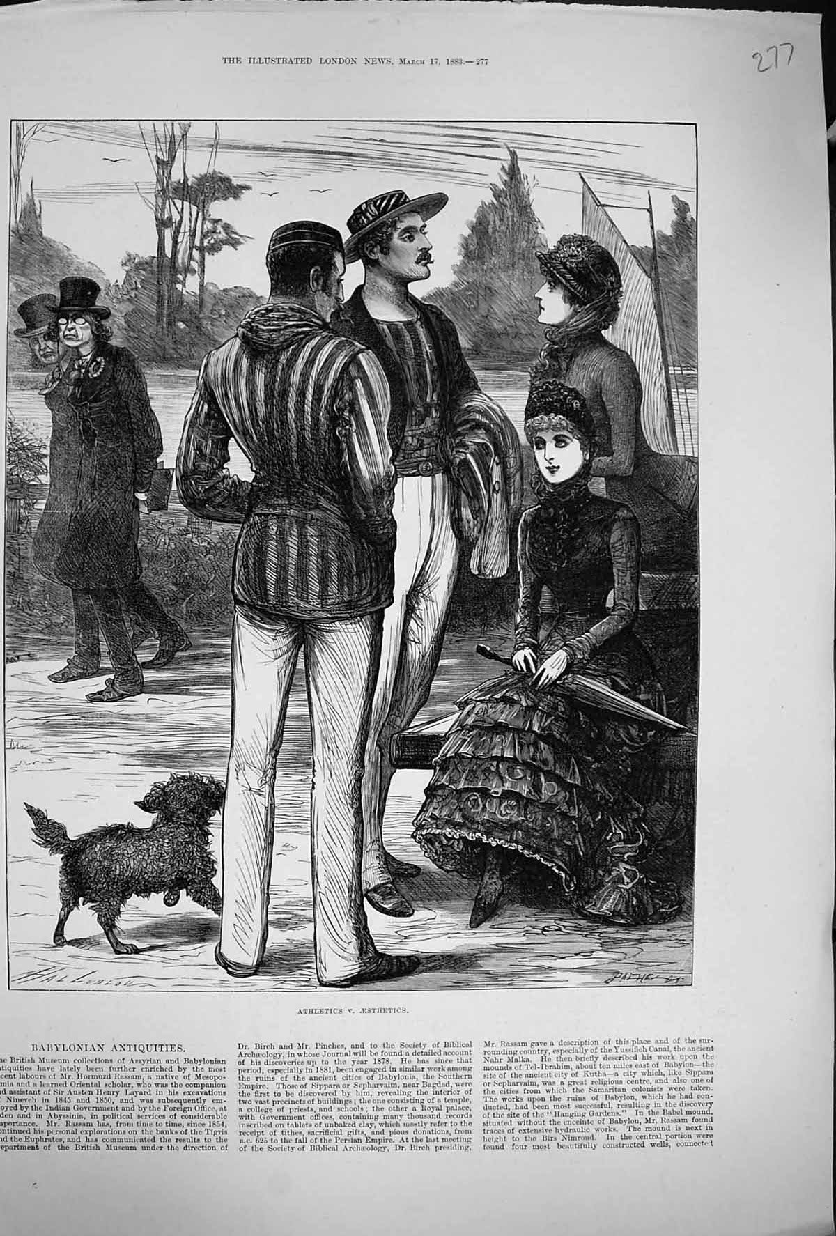 Old Print 1883 Athleitcs Aesthetics Men Ladies Romance River Boating Dog 19th