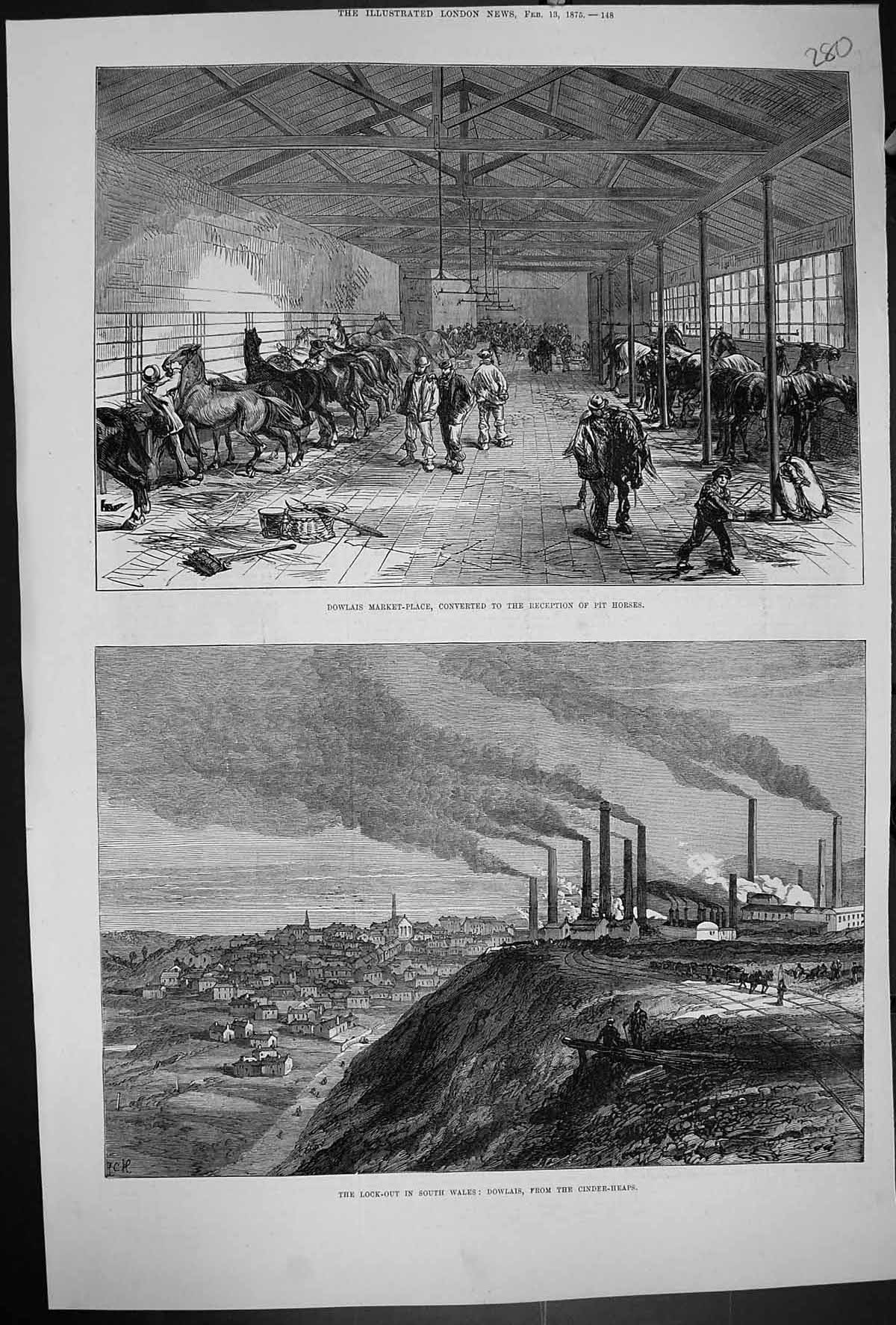 Old 1875 Dowlais Market-Place Reception Pit Horses Lock-Out South Wal Victorian