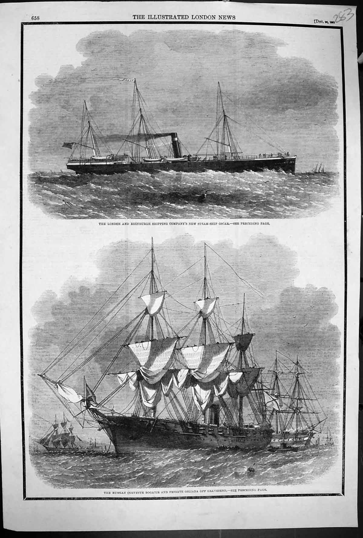 Old 1861 London Edinburgh Company Stem Ship Oscar Russian Corvette Bo Victorian
