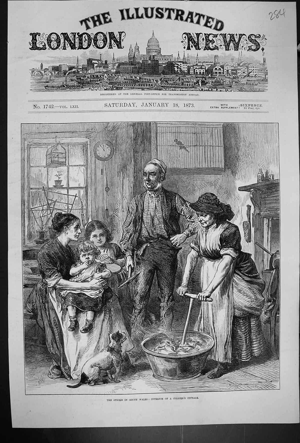Antique Print 1873 Strike South Wales Interior Colliers Cottage Family Home