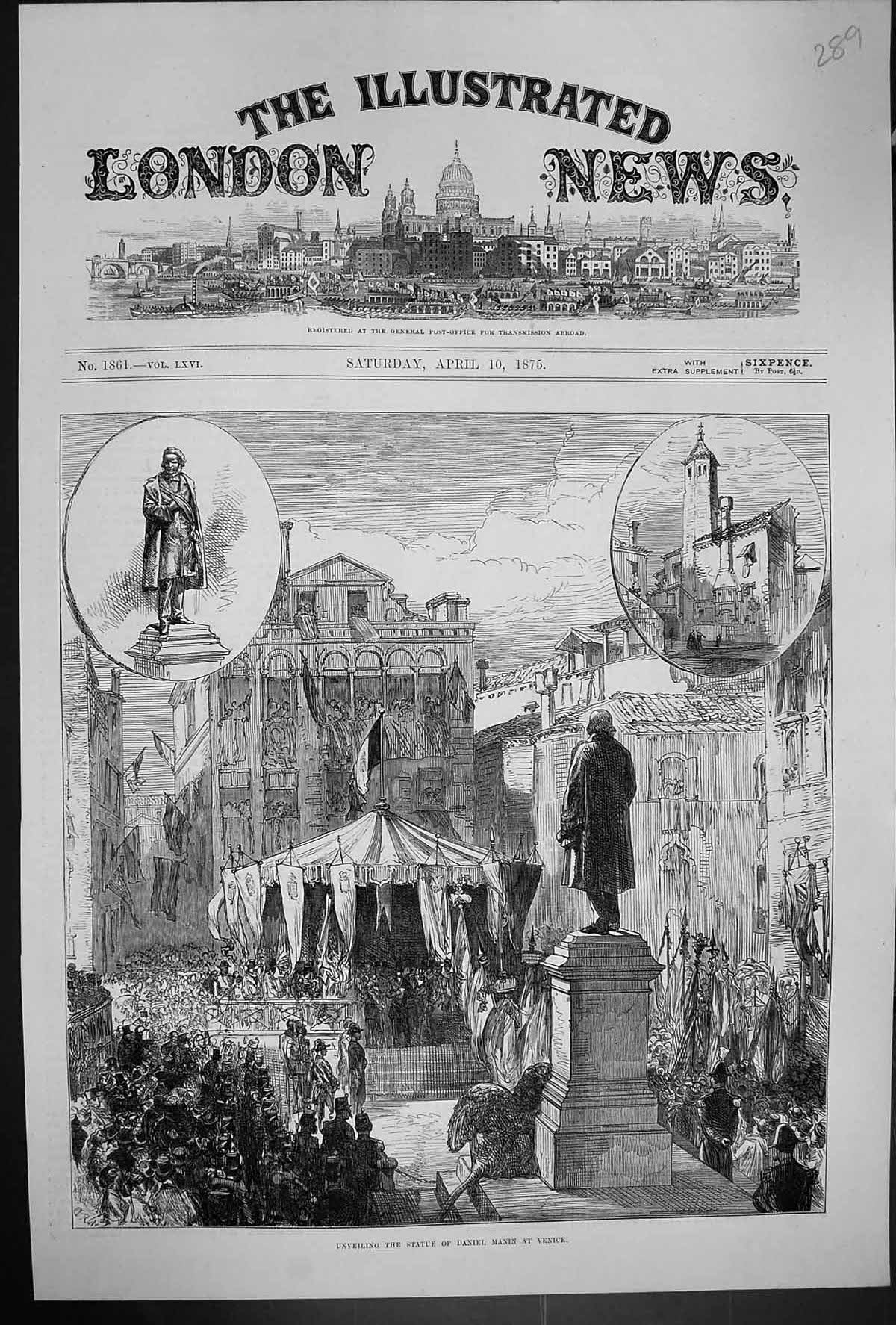 Original Old Antique Print 1875 Unveilling Statue Daniel Manin Venice Italy