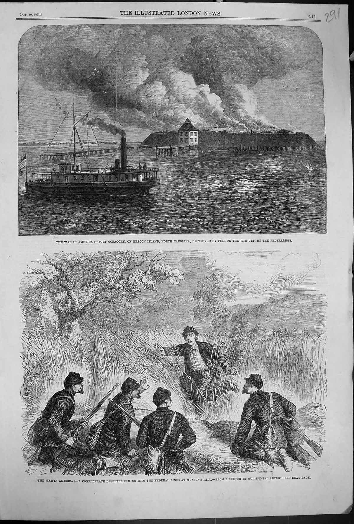 Old Print 1861 War America Fort Ocracoke Beacon Island Carolina Civil War 19th