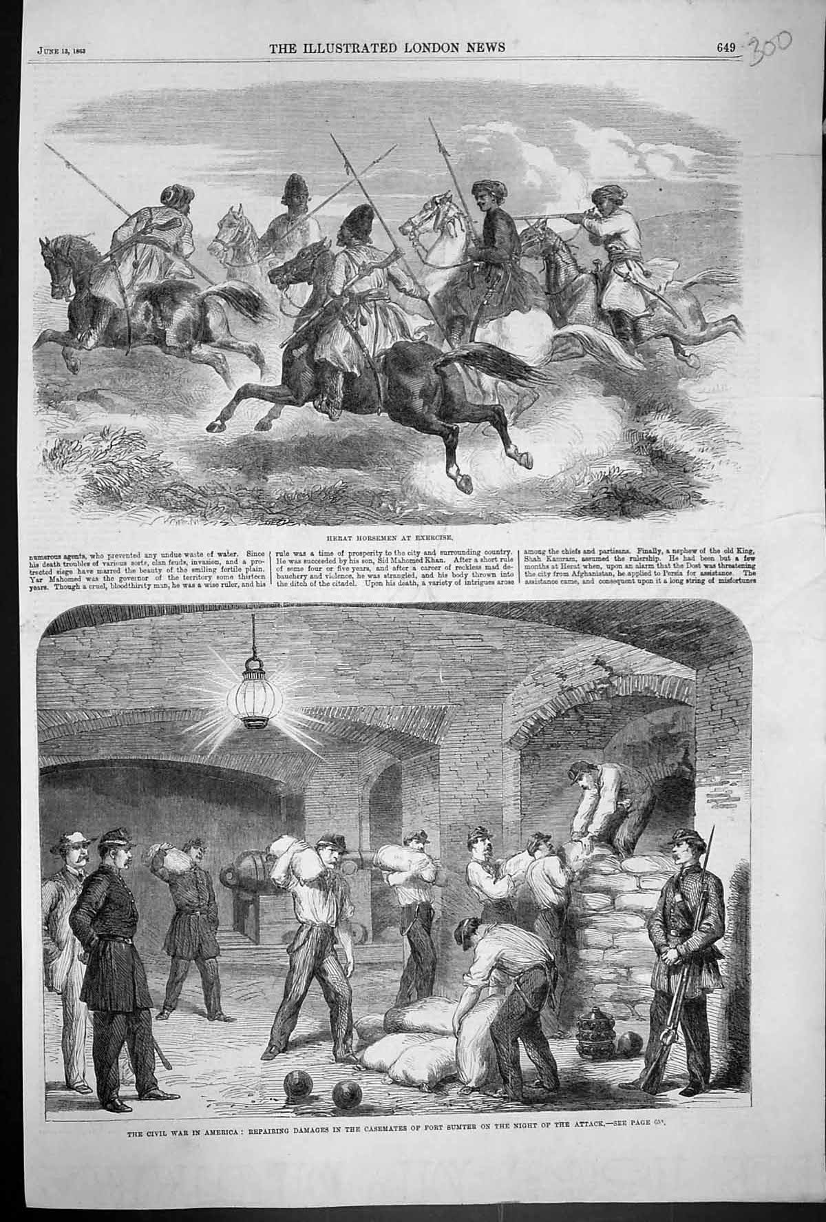 Old Print 1863 Heart Horsemen Civil War America Casemates Fort Sumter Si 19th