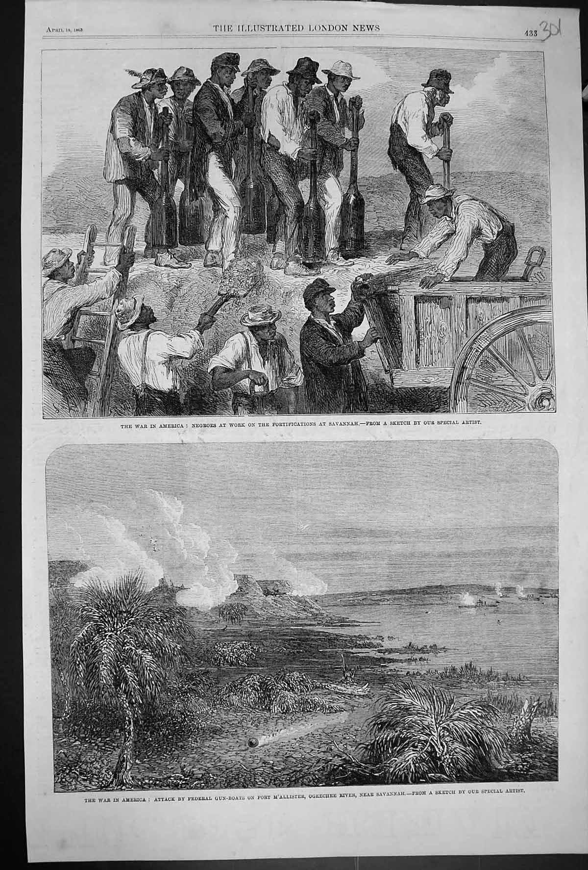 Old 1863 War America Negroes Fortifications Savannah Fort M'Allister Victorian